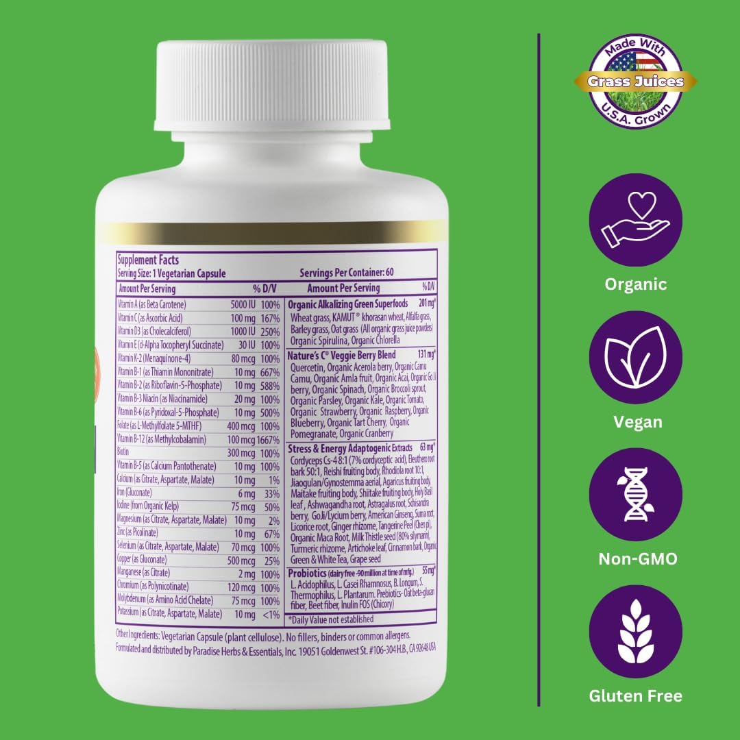 Paradise Herbs Earth's Blend Women's Once Daily Multivitamin with Iron, 48 Organic Superfoods, Probiotics, Antioxidants, Vitamins A, B12, C, D, K2, 60 Capsules - Image 5