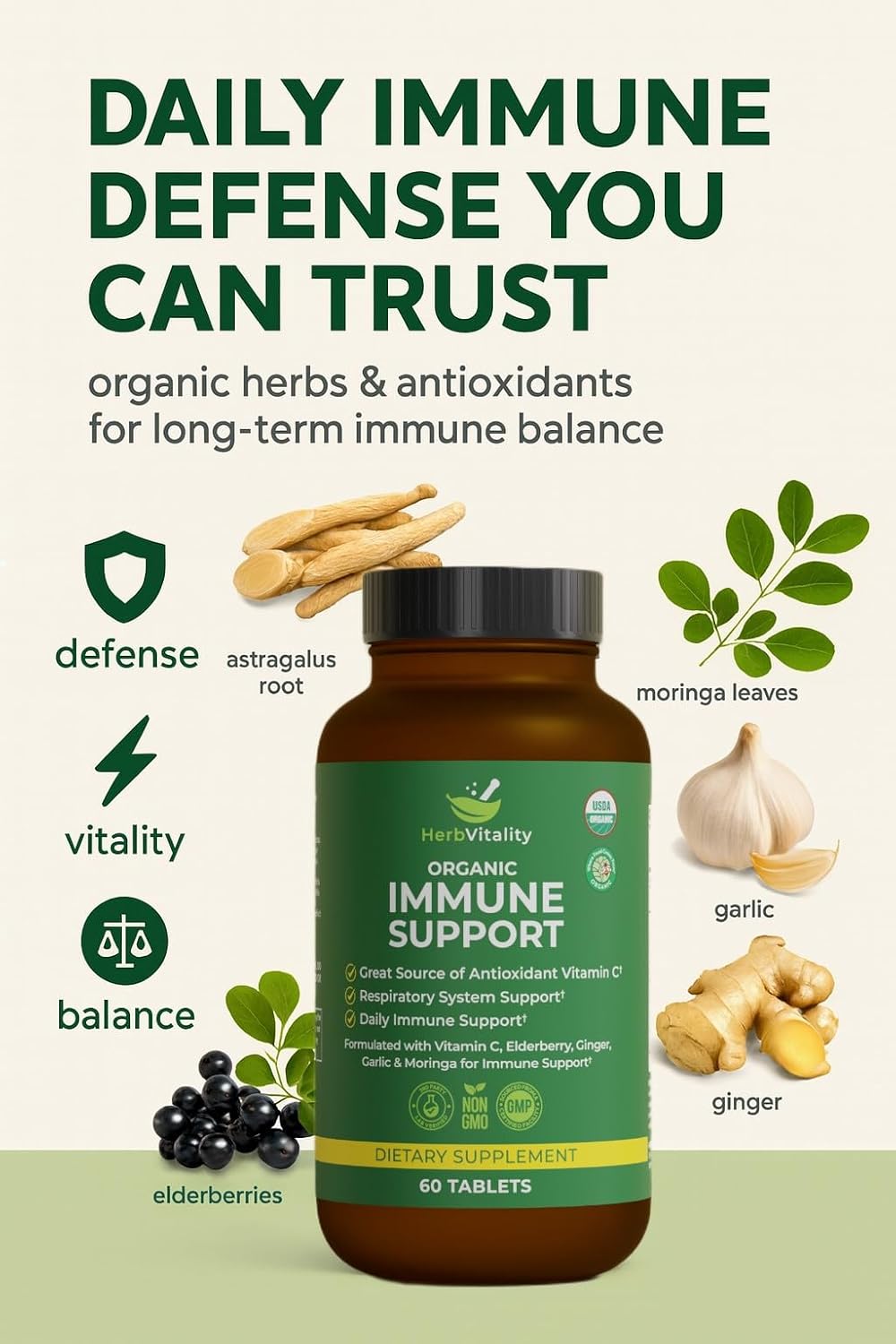 Organic Immune Support Supplement – Elderberry, Vitamin C, Astragalus, Ginger & Moringa – Daily Herbal Complex for Immune Health, Respiratory Defense & Antioxidant Protection - 60 Tablets - Image 6