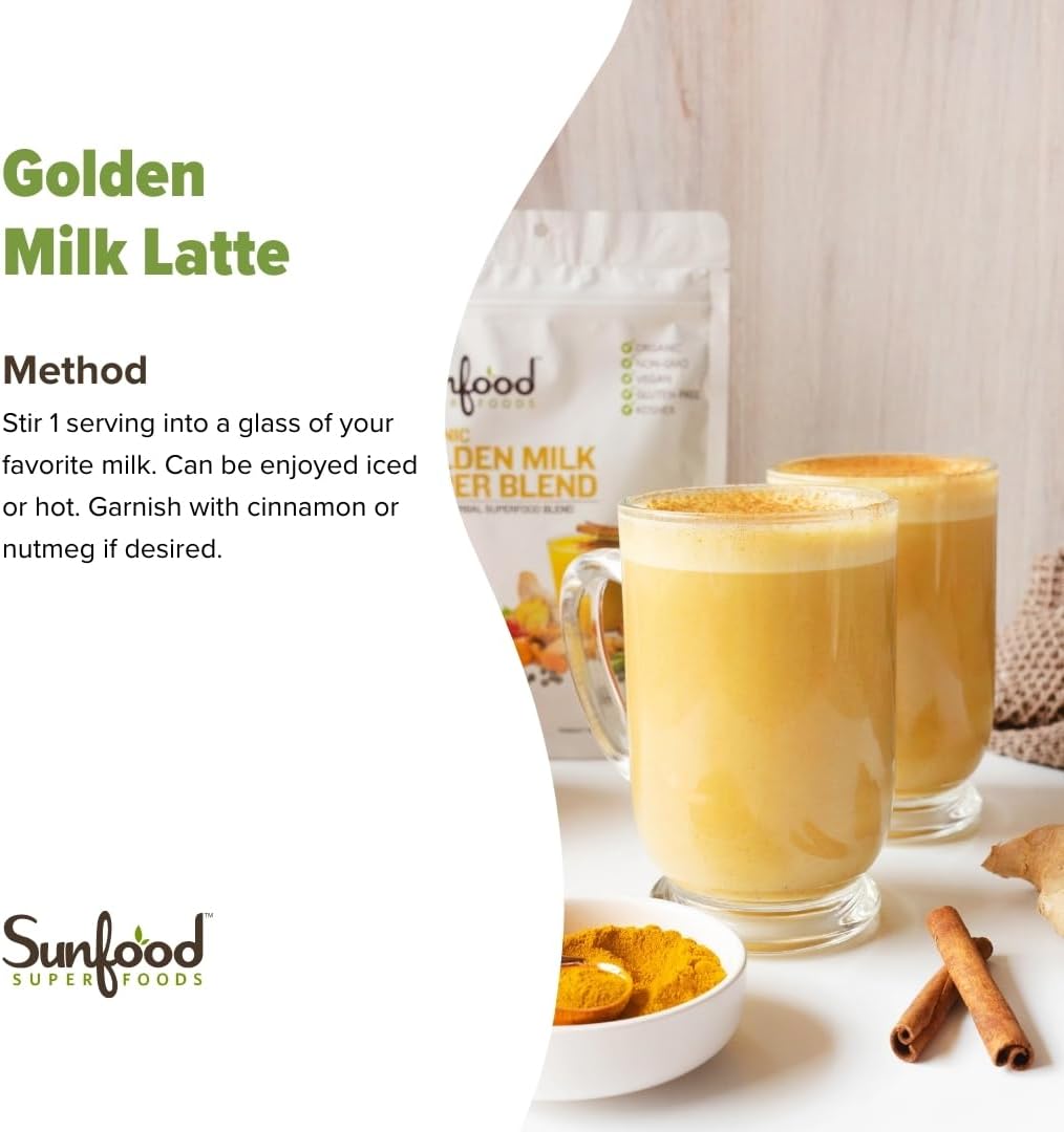 Sunfoods Golden Milk Super Blend - Superfood Golden Milk, Turmeric Powder, Superfood with Turmeric and Ginger, Black Pepper, Cinnamon & Cardamom, Turmeric Latte Powder, Vegan, USDA Organic - 6 oz - Image 6
