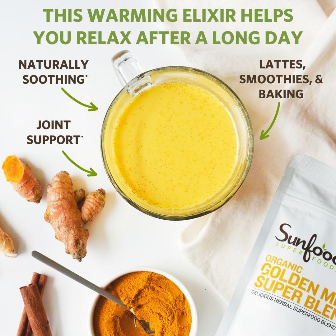 Sunfoods Golden Milk Super Blend - Superfood Golden Milk, Turmeric Powder, Superfood with Turmeric and Ginger, Black Pepper, Cinnamon & Cardamom, Turmeric Latte Powder, Vegan, USDA Organic - 6 oz - Image 5