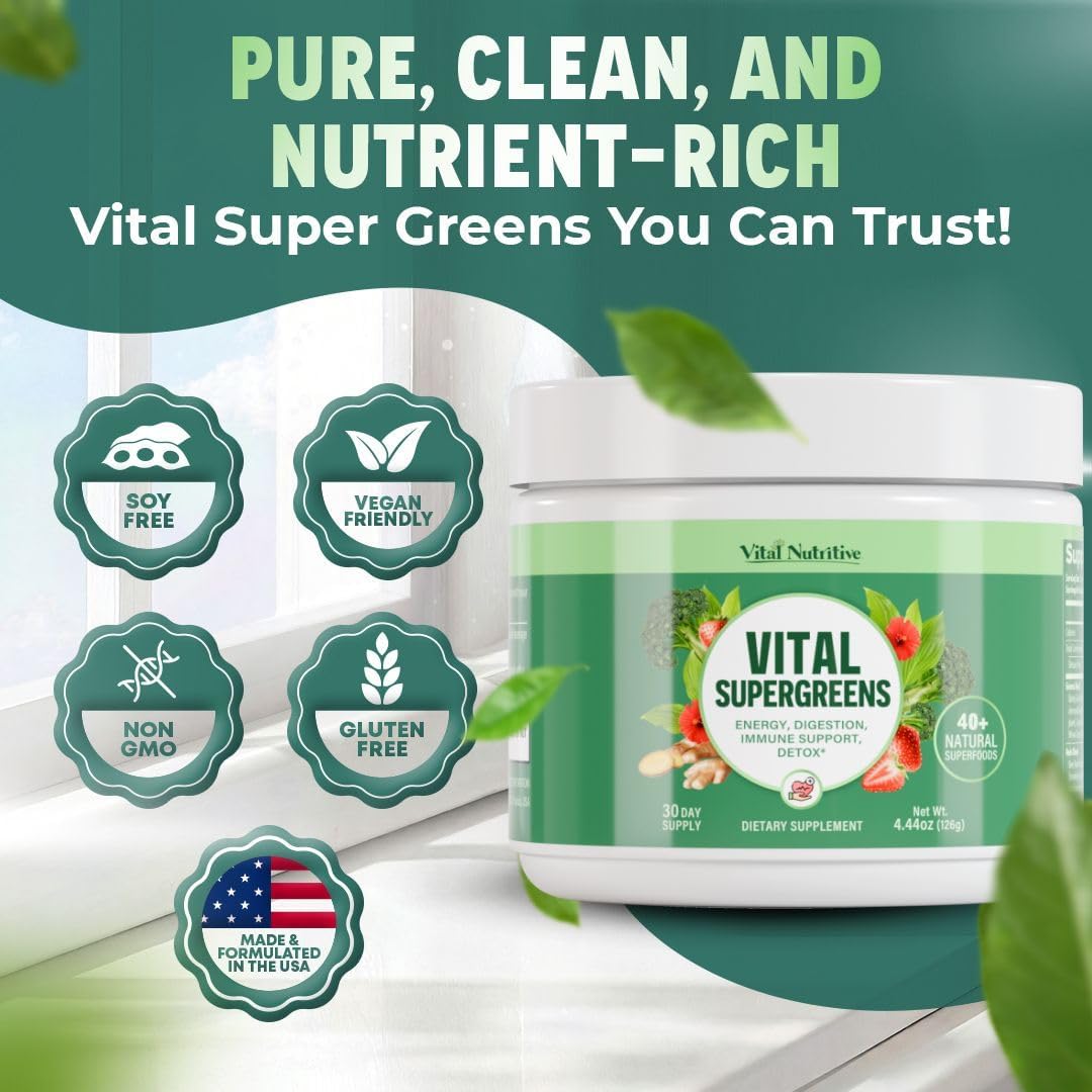 Vital Greens Superfood Powder – New Formula with 40+ Superfoods Daily Green Drink Powder w/Probiotics – Supergreens for Energy, Gut Health, Digestion Support, Plant-Based, Vegan Superfoods - Image 4
