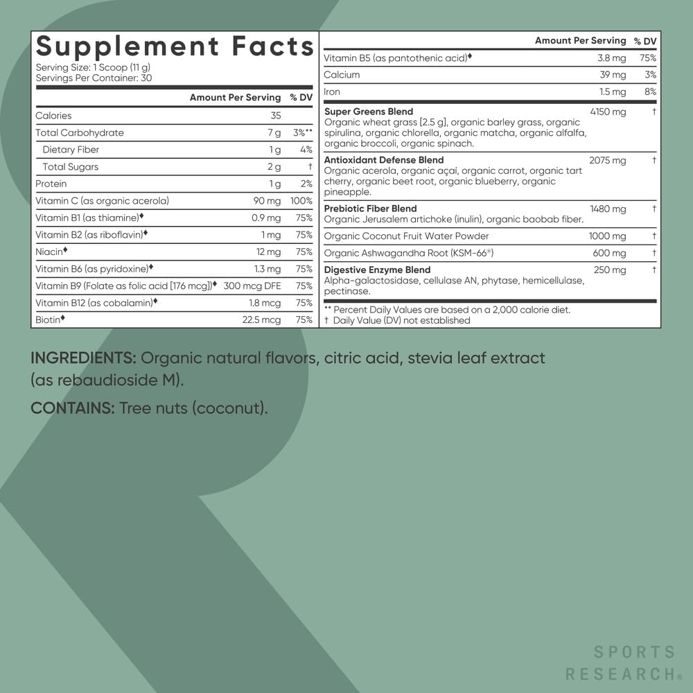 Sports Research® Organic Greens Superfood Powder w/Spirulina, Chlorella, Adaptogens, Enzymes, Probiotics & 8 VIT Bs for Gut & Mood Support* - Vegan, Sugar-Free & Low-Cal Pineapple Coconut 30 Servings - Image 5