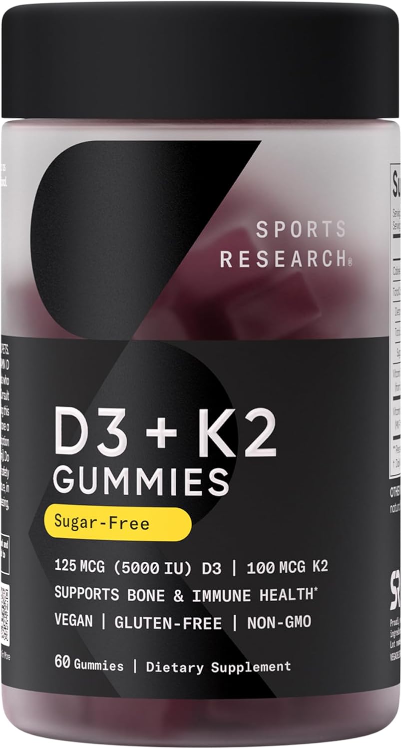 Sports Research® Vegan Vitamin D3 + K2 Gummy Supplements - 5000iu Vitamin D with 100mcg Mk7 Vitamin K - Supports Bone& Immune Health* - 60 Gummies for Adults, for Women, 1 Month Supply