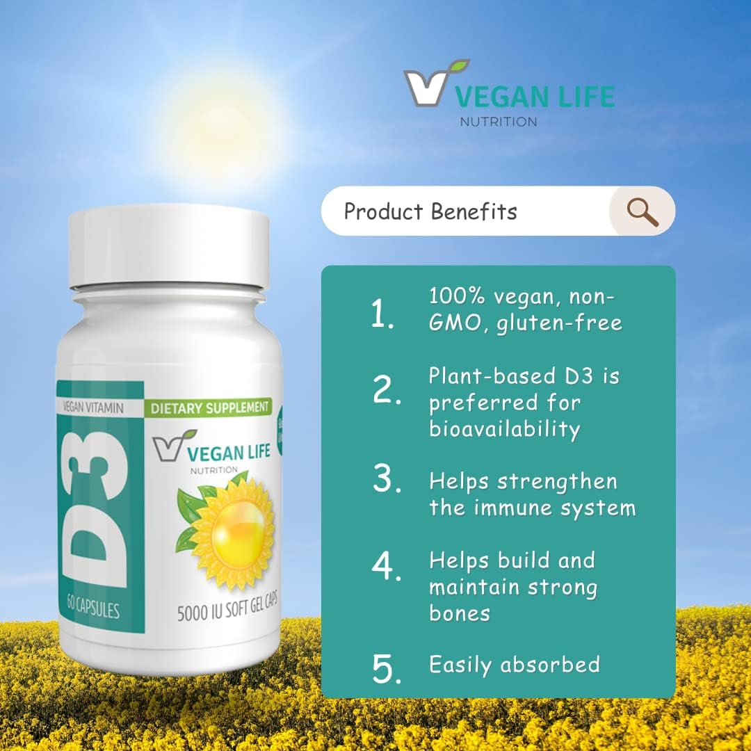 Vegan Life Nutrition - Vitamin D3 Daily Capsules for Adults (5000 IU) - Gluten-Free, Non-GMO, Supports Bone Health and Immune System - 60 Capsules - Image 2