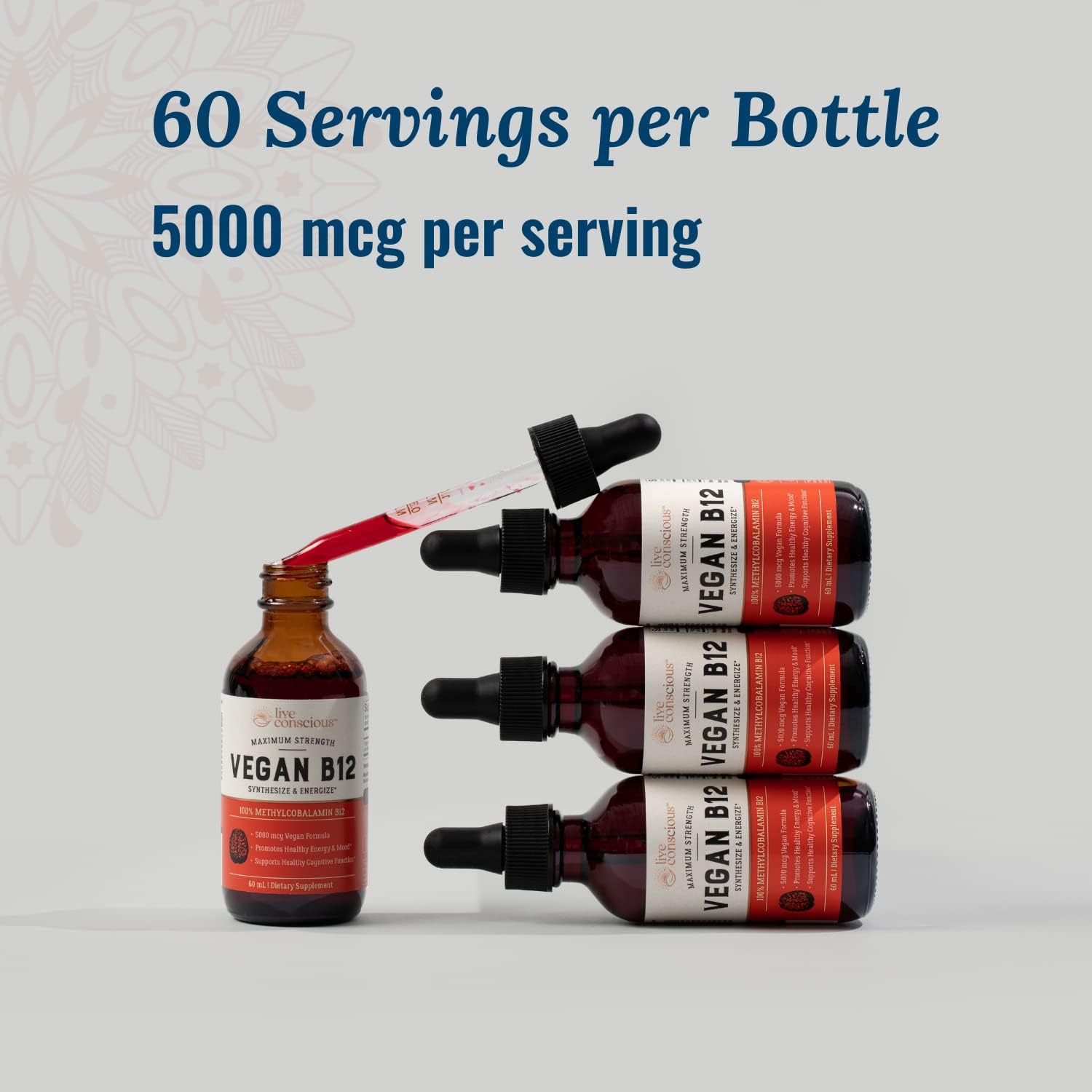 Live Conscious Vegan Vitamin B12 Sublingual Liquid Drops | Methylcobalamin Max Strength B12 5000mcg Formula | Vegan B 12 Vitamin Support Energy | Promote Memory & Aid Immune System | 60 Serving - Image 3