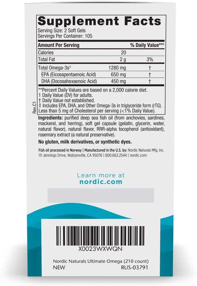 Nordic Naturals Ultimate Omega, Lemon Flavor - 210 Soft Gels - 1280 mg Omega-3 - High-Potency Fish Oil with EPA & DHA - Promotes Brain & Heart Health - Non-GMO - 105 Servings - Image 2