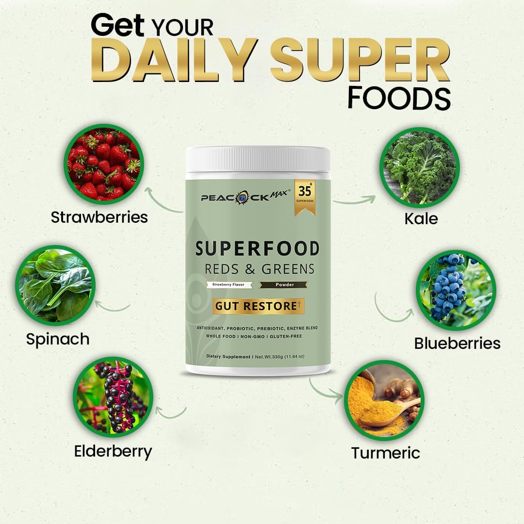 Superfood Reds & Greens Powder - 11.64 oz, Prebiotics & Probiotics for Digestive Health, Super Greens Powder with Ashwagandha for Gut Health, Immunity, Antioxidants, Strawberry Flavor, Vegan, Non-GMO - Image 4