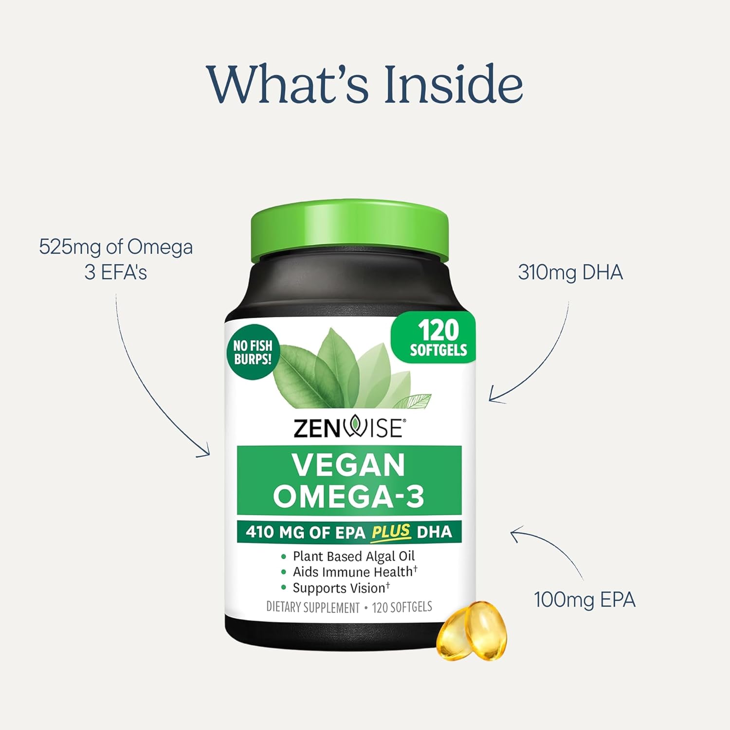 Zenwise Health Vegan Omega 3 Supplement - Burpless Omega 3 Supplement with DHA, EPA & DPA Fatty Acids for Immune Health - Fish Oil Alternative from Sustainably Sourced Marine Algae Oil - 120 Softgels - Image 3