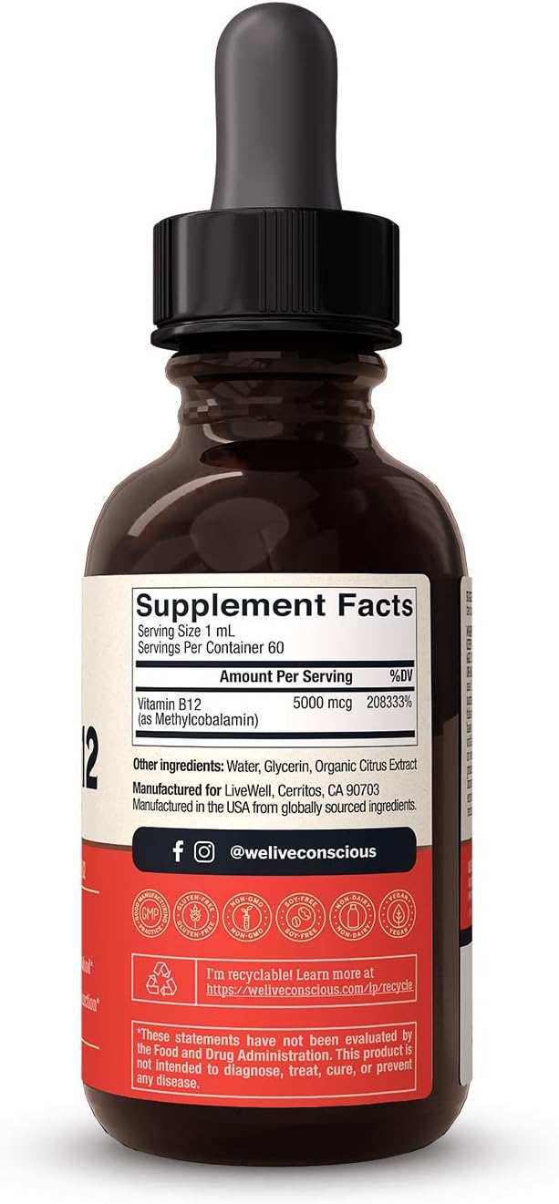 Live Conscious Vegan Vitamin B12 Sublingual Liquid Drops | Methylcobalamin Max Strength B12 5000mcg Formula | Vegan B 12 Vitamin Support Energy | Promote Memory & Aid Immune System | 60 Serving - Image 5