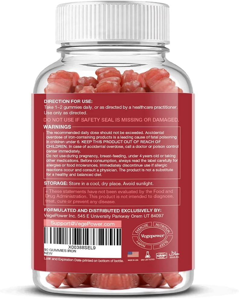 Vegan Iron Gummies Supplement - with Vitamin C, A, B-Complex, Folate, Zinc for Adults & Kids - Health Blood & Energy Support for Iron Deficiency, Anemia, No After Taste - Peach Flavor (90 Ct) - Image 9