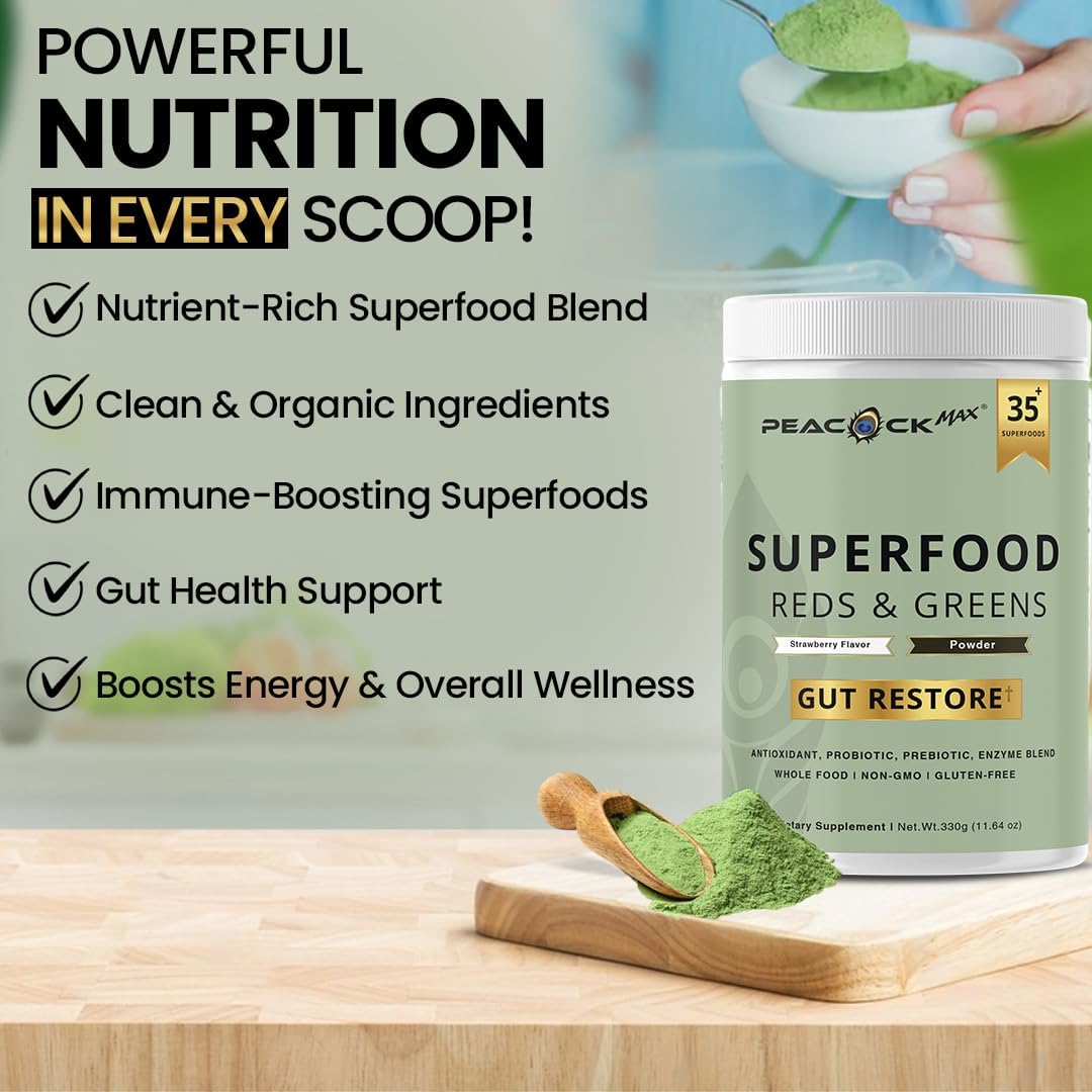 Superfood Reds & Greens Powder - 11.64 oz, Prebiotics & Probiotics for Digestive Health, Super Greens Powder with Ashwagandha for Gut Health, Immunity, Antioxidants, Strawberry Flavor, Vegan, Non-GMO - Image 5