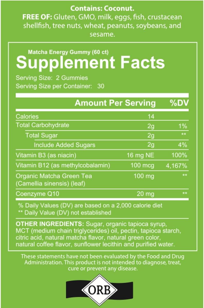 Matcha Organic Green Tea Energy Gummies, Vitamin B12, Vitamin B3, and Antioxidant CoQ10 for Natural Energy Boost, Vegan, Gluten-Free, Non-GMO and Kosher (60 Count (Pack of 1), Matcha) - Image 3