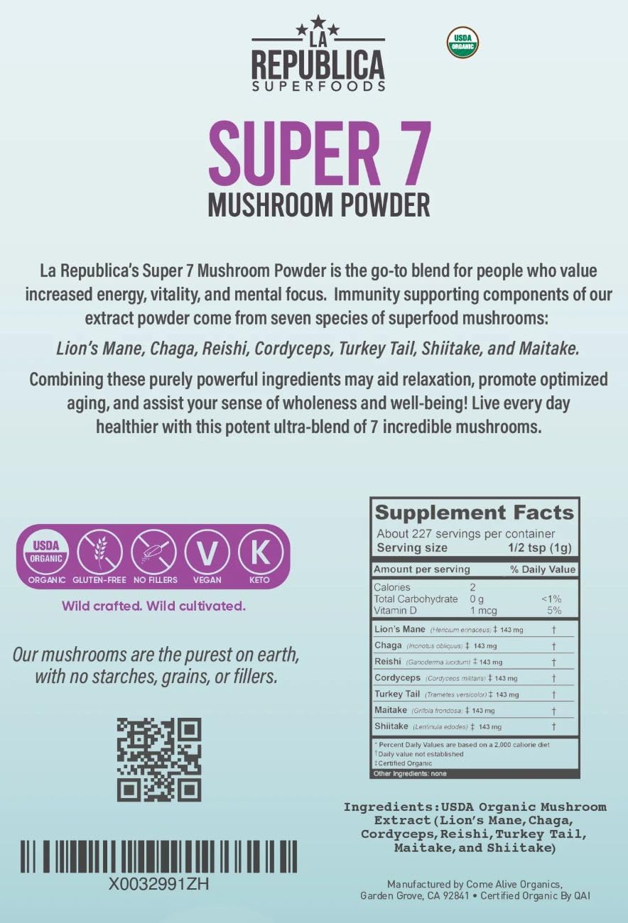 La Republica Superfood Super 7 Mushroom Extract Powder 8oz, Includes Lion's Mane, Reishi, Chaga, Cordyceps, Shitake, Maitake and Turkey Tail - Image 6