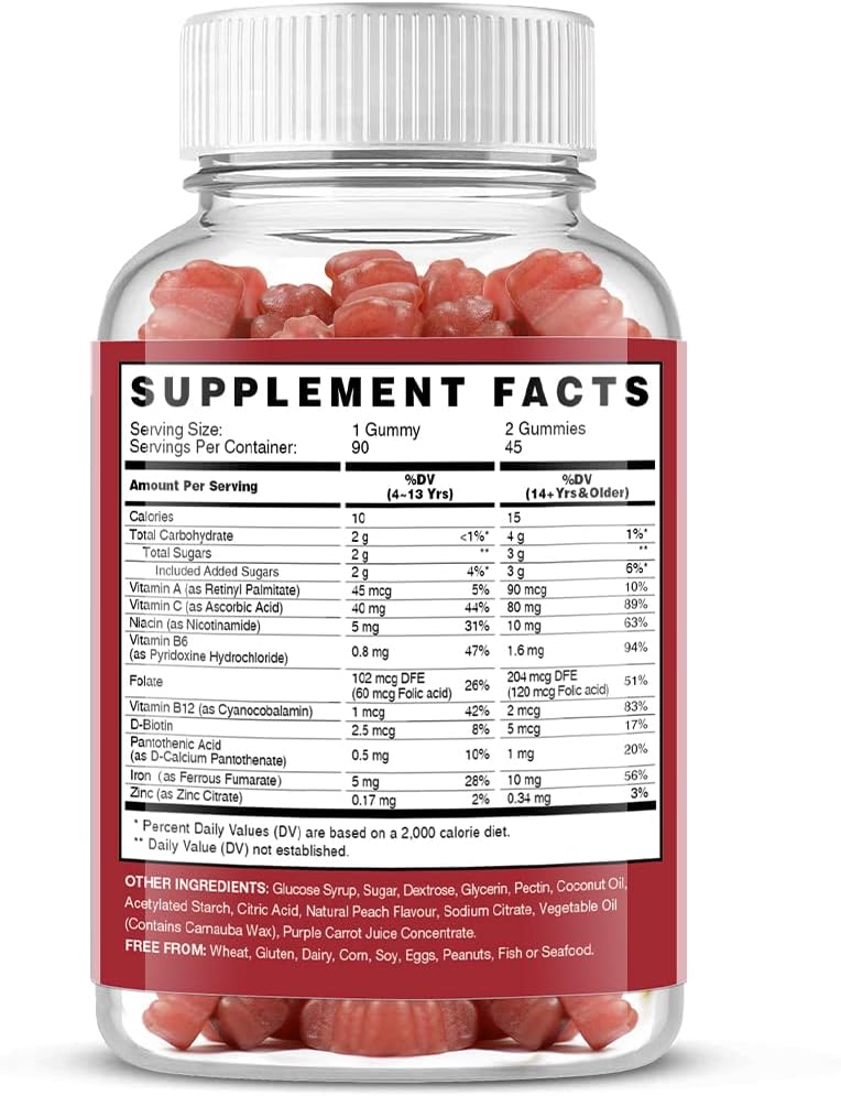 Vegan Iron Gummies Supplement - with Vitamin C, A, B-Complex, Folate, Zinc for Adults & Kids - Health Blood & Energy Support for Iron Deficiency, Anemia, No After Taste - Peach Flavor (90 Ct) - Image 8