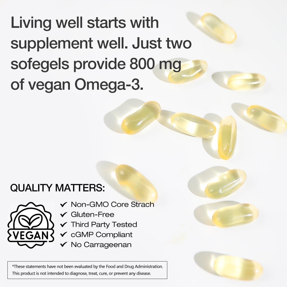 Vegan Omega-3 Algae DHA Supplements - 2000mg Algae Oil, Plant-Based Prenatal Algal DHA, 90 Carrageenan Free Softgels -Sustainable Fish Oil Alternative Supports Brain, Heart, Eyes, Joint Health - Image 6