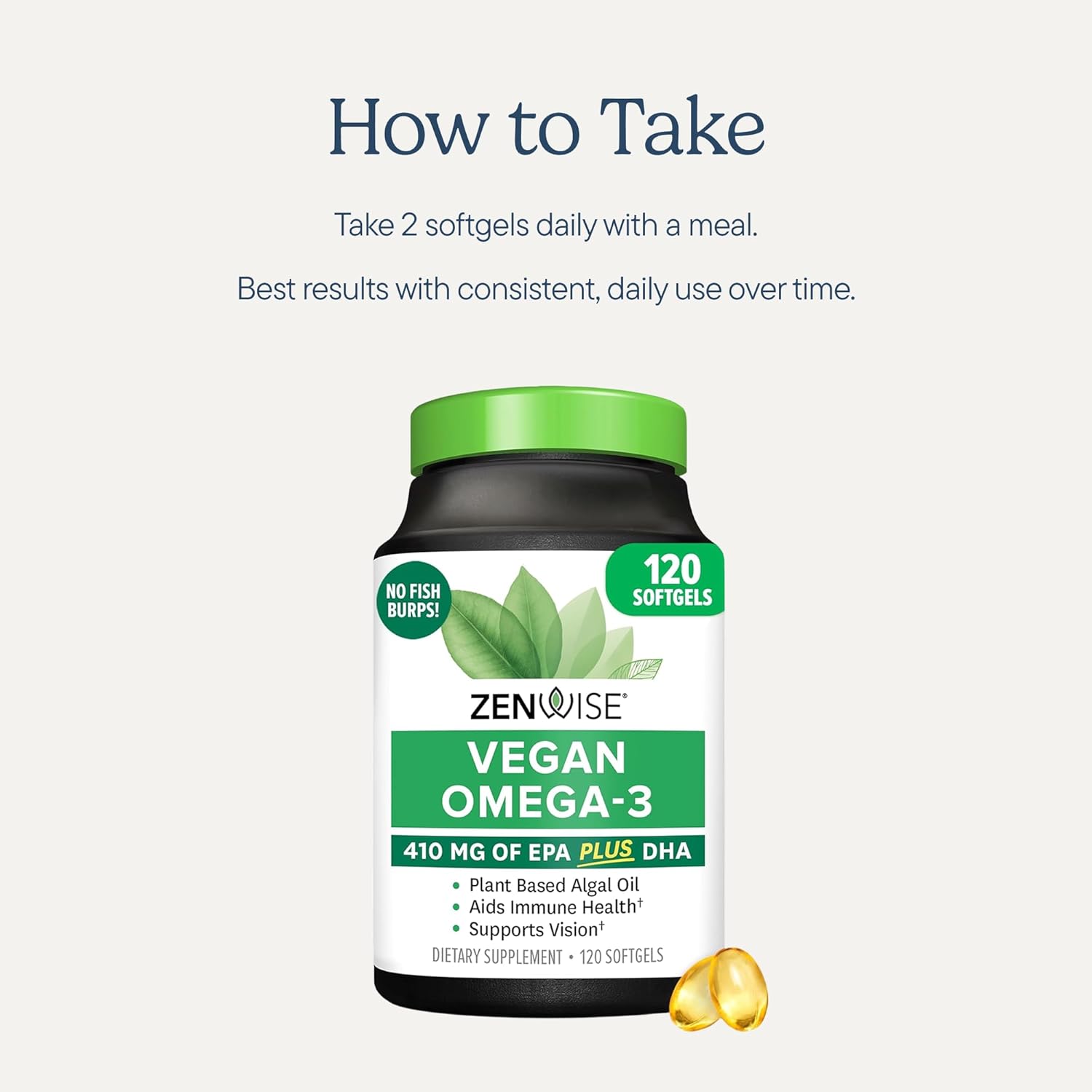 Zenwise Health Vegan Omega 3 Supplement - Burpless Omega 3 Supplement with DHA, EPA & DPA Fatty Acids for Immune Health - Fish Oil Alternative from Sustainably Sourced Marine Algae Oil - 120 Softgels - Image 4