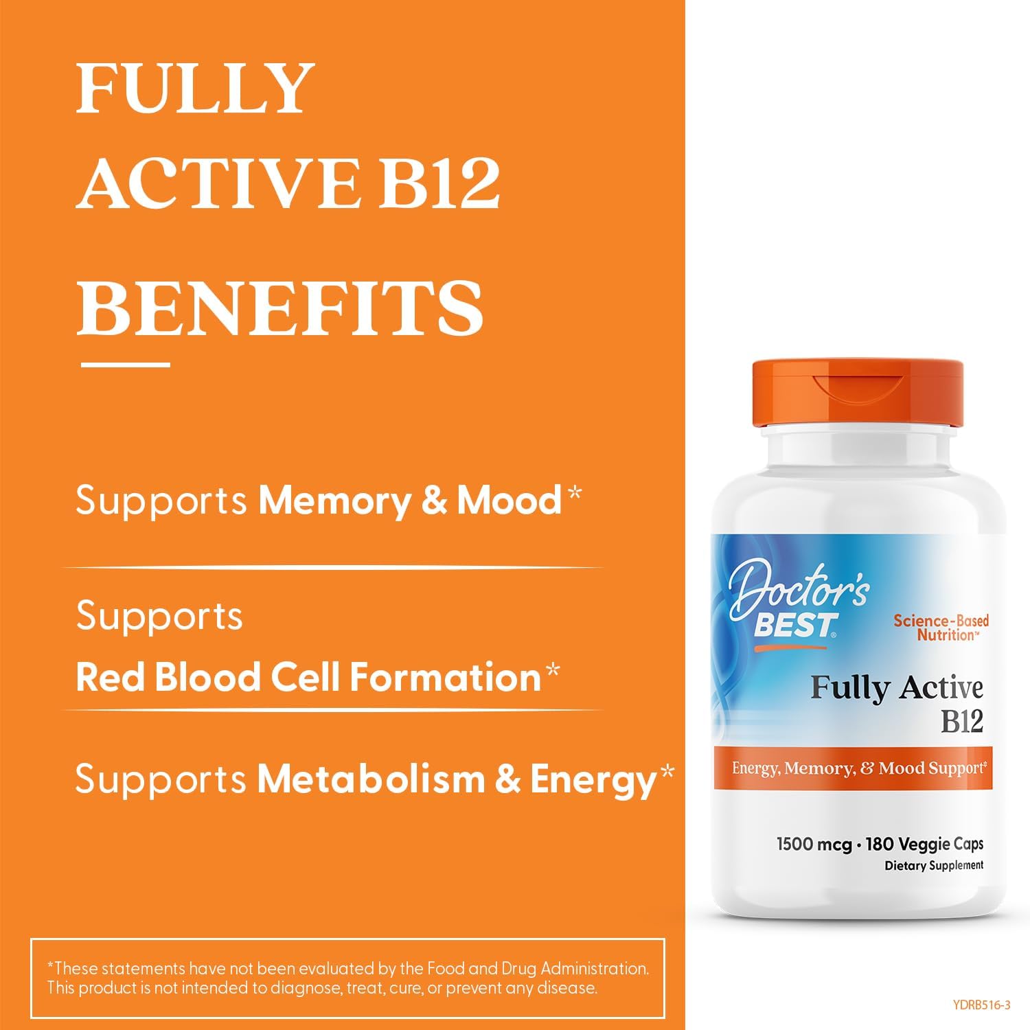 Doctor's Best Vitamin B12 Methylcobalamin for Men & Women - Vitamin B 12 Caps 1500 mcg, VIT B-12 Supplement, Vegan, Gluten Free, Non GMO, Fully Active - 180 Veg Capsules - Image 3