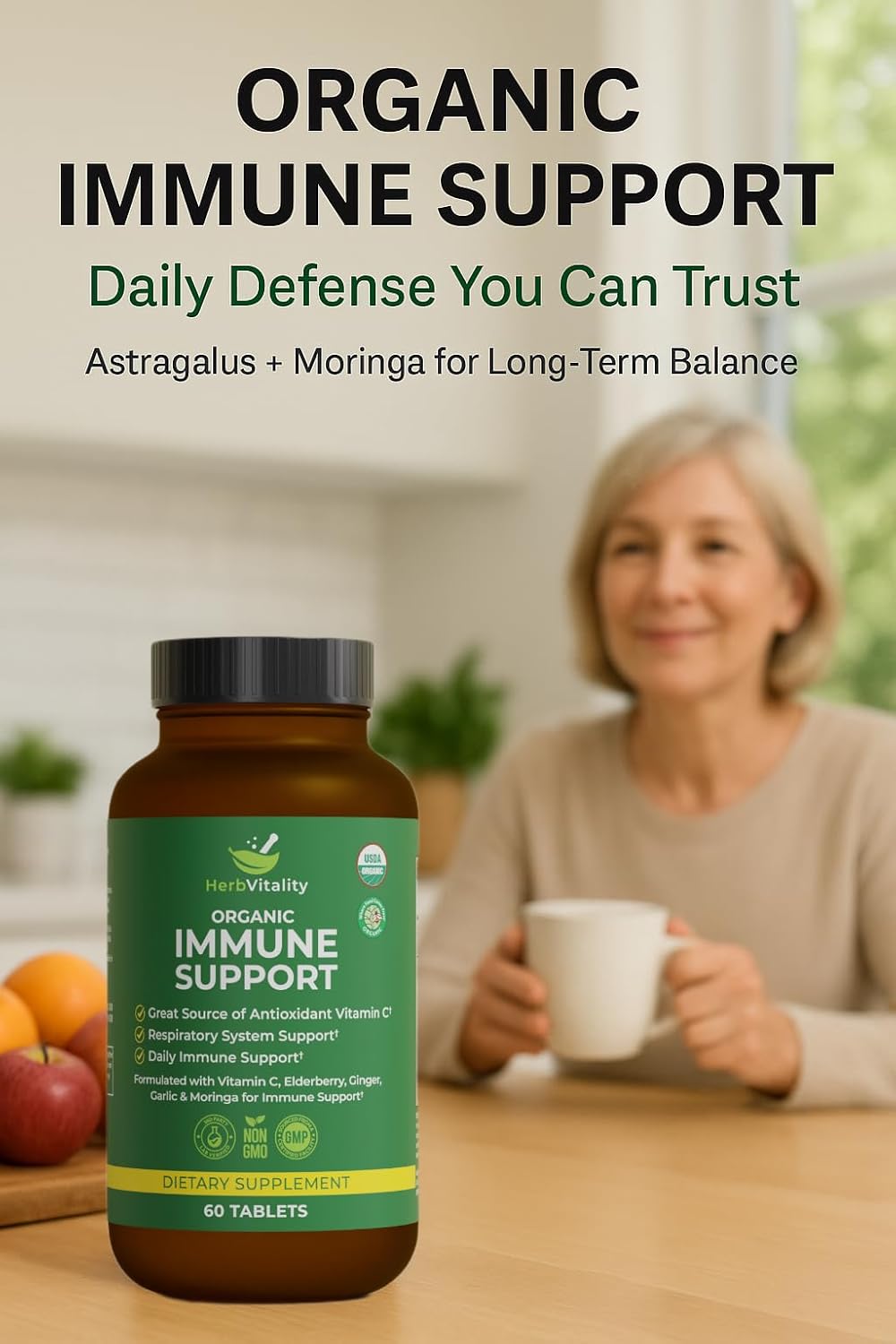 Organic Immune Support Supplement – Elderberry, Vitamin C, Astragalus, Ginger & Moringa – Daily Herbal Complex for Immune Health, Respiratory Defense & Antioxidant Protection - 60 Tablets - Image 4