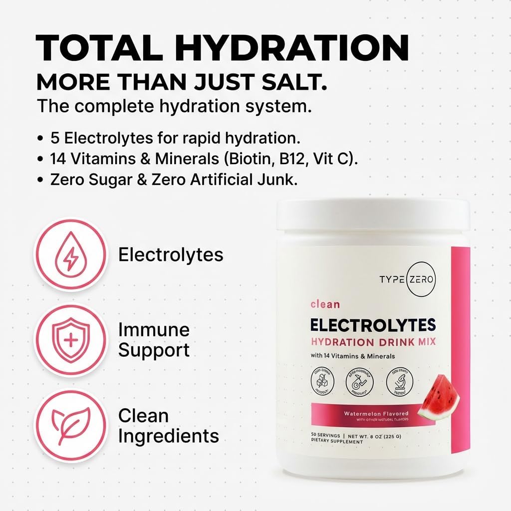 Type Zero Clean Electrolytes Hydration Powder Drink Mix + 14 Essential Vitamins & Minerals - Sugar Free, Zero Artificial Ingredients - Watermelon Flavor, 50 Servings - Image 6