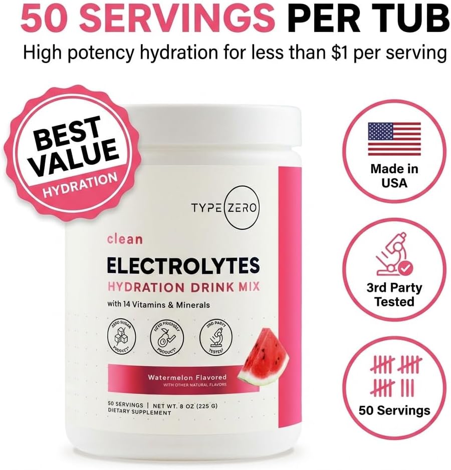 Type Zero Clean Electrolytes Hydration Powder Drink Mix + 14 Essential Vitamins & Minerals - Sugar Free, Zero Artificial Ingredients - Watermelon Flavor, 50 Servings - Image 7