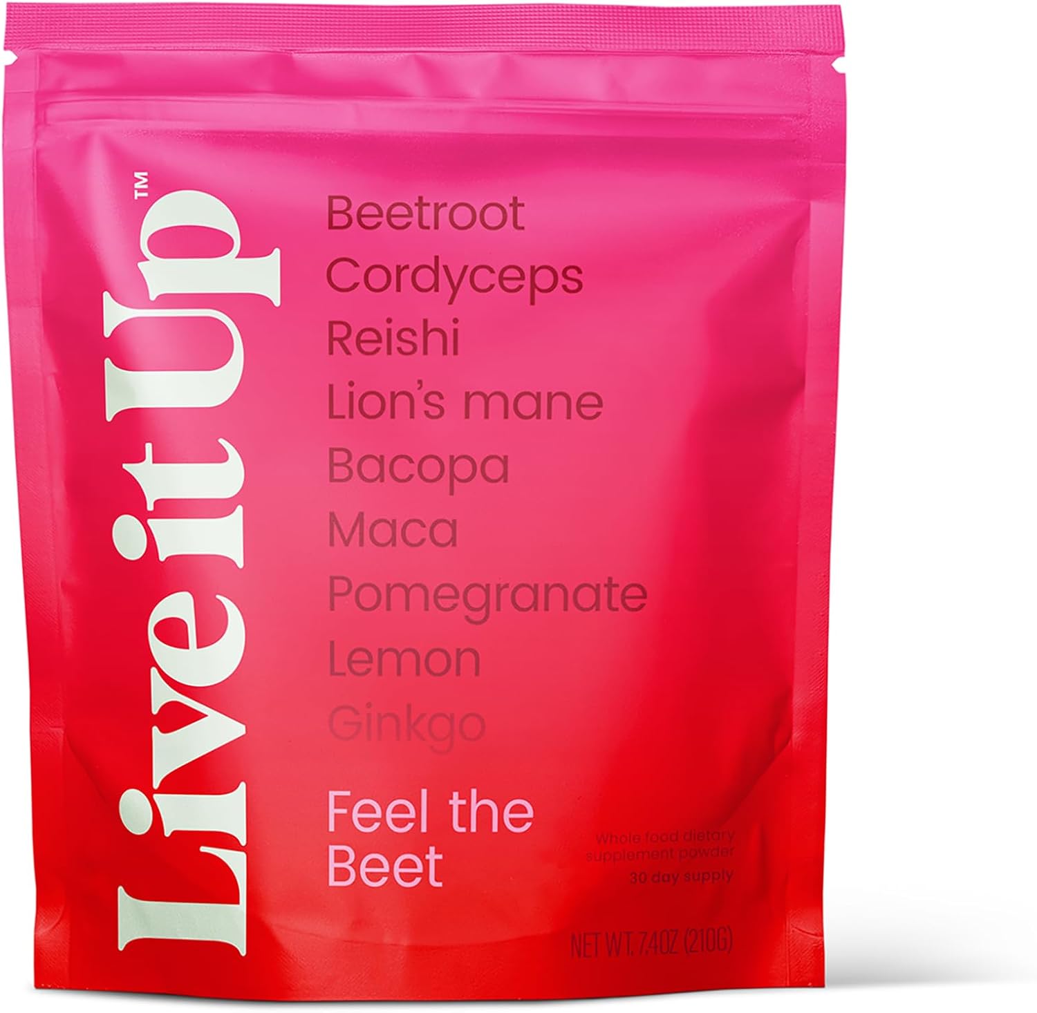 LIVE IT UP | Feel the Beet: Beetroot Powder with Superfood Vitality Blend | Supports Energy, Endurance, and Clarity | Contains Ginkgo, Beetroot, Plant-Based Nitrates, Antioxidants, and Adaptogens