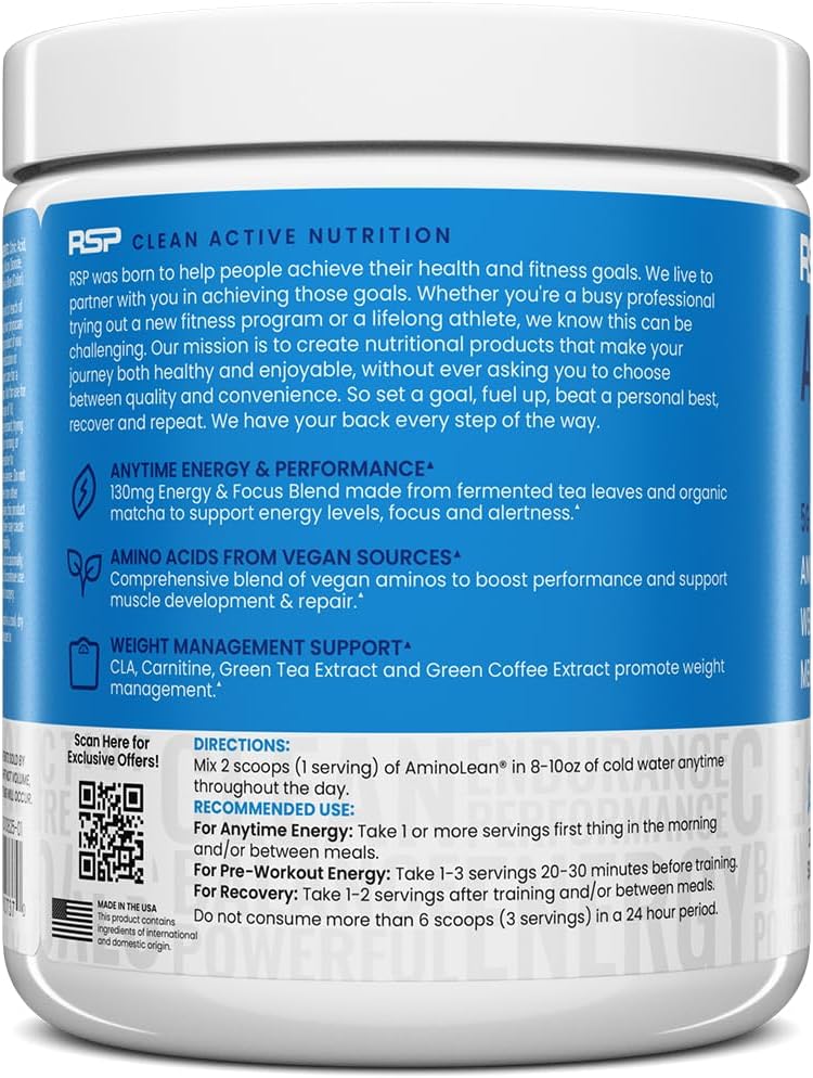 RSP Nutrition AminoLean Pre Workout Powder, Amino Energy & Weight Management with Vegan BCAA Amino Acids, Natural Caffeine, Preworkout Boost for Men & Women, 30 Serv - Image 8
