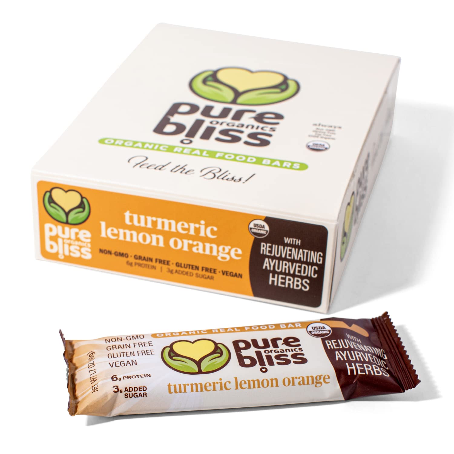Organic Real Food Bars (Turmeric Lemon Orange) Grain Free - Paleo Friendly - Non-GMO, Gluten Free, Vegan, Nutrition Bars, Super Food Energy Bars, Ayurvedic & Adaptogen Herb Blend, Healthy Snack, Breakfast Bars, Dairy Free, Soy Free, Pure Bliss Organics (1.7 oz, 12-Pack Case)