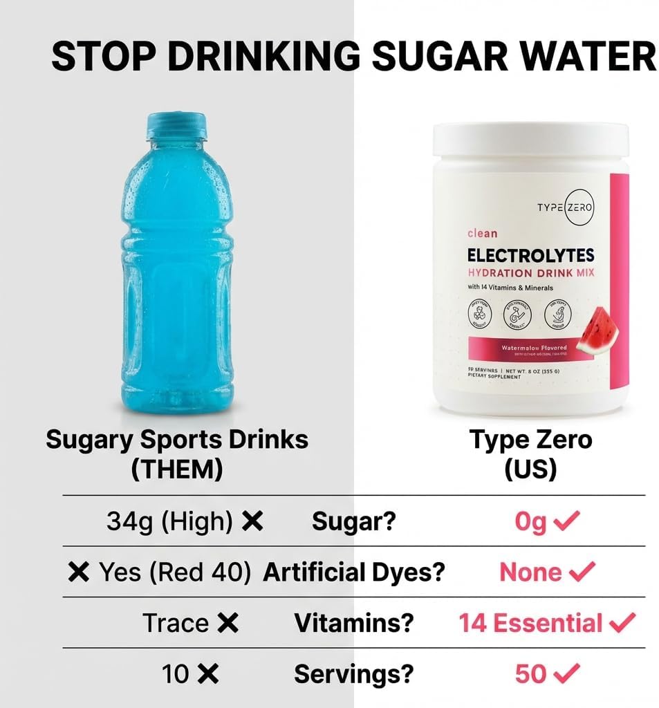 Type Zero Clean Electrolytes Hydration Powder Drink Mix + 14 Essential Vitamins & Minerals - Sugar Free, Zero Artificial Ingredients - Watermelon Flavor, 50 Servings - Image 5