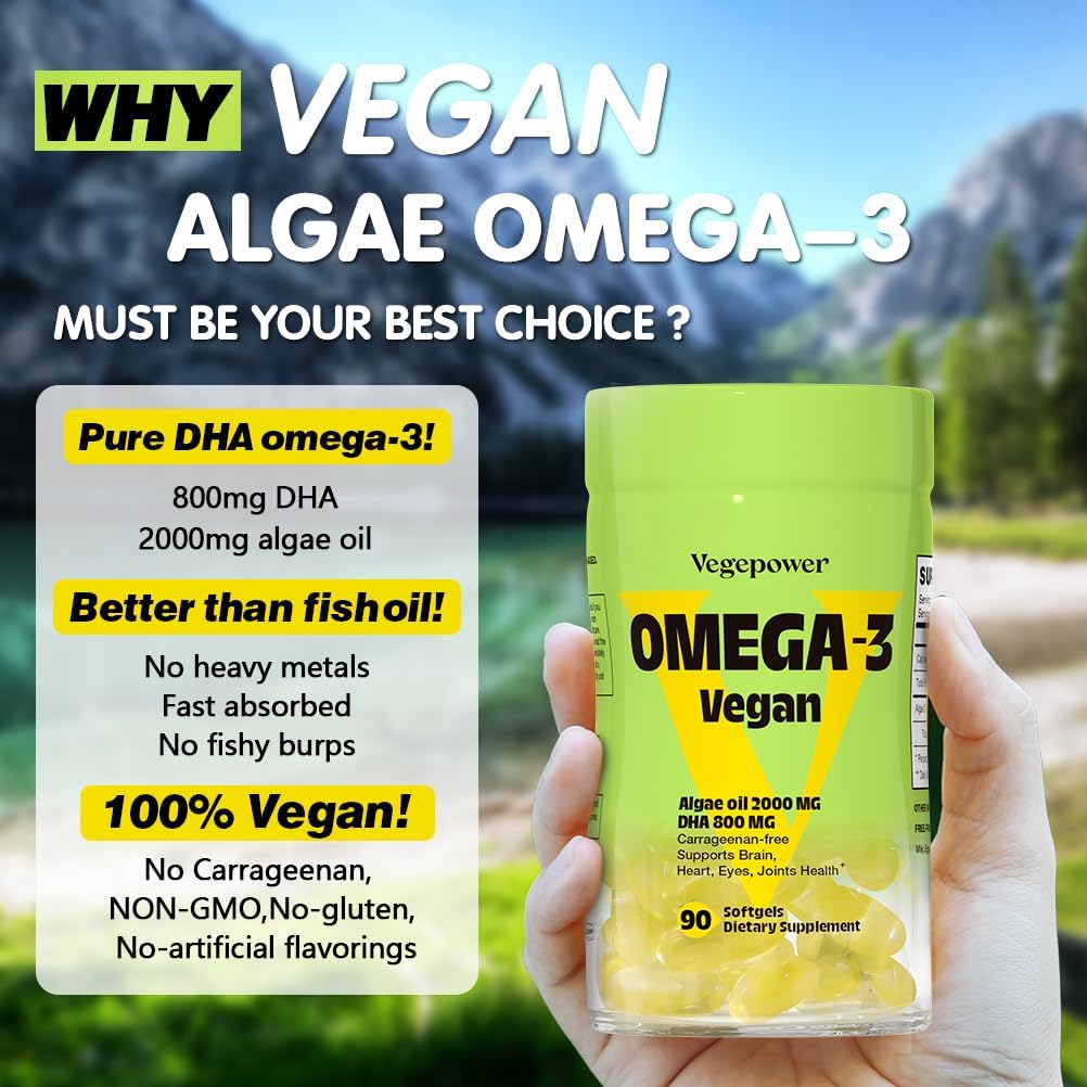 Vegan Omega-3 Algae DHA Supplements - 2000mg Algae Oil, Plant-Based Prenatal Algal DHA, 90 Carrageenan Free Softgels -Sustainable Fish Oil Alternative Supports Brain, Heart, Eyes, Joint Health - Image 3