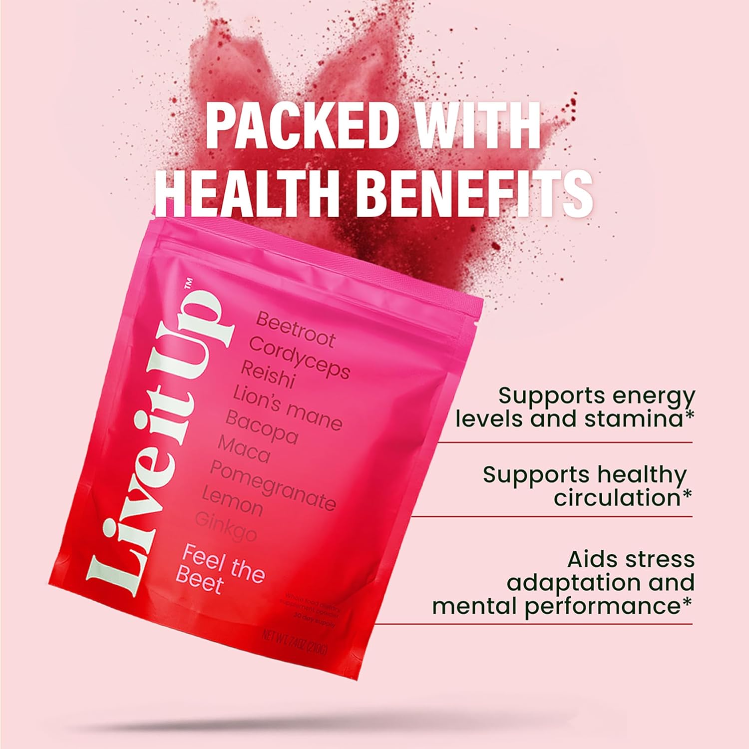 LIVE IT UP | Feel the Beet: Beetroot Powder with Superfood Vitality Blend | Supports Energy, Endurance, and Clarity | Contains Ginkgo, Beetroot, Plant-Based Nitrates, Antioxidants, and Adaptogens - Image 2