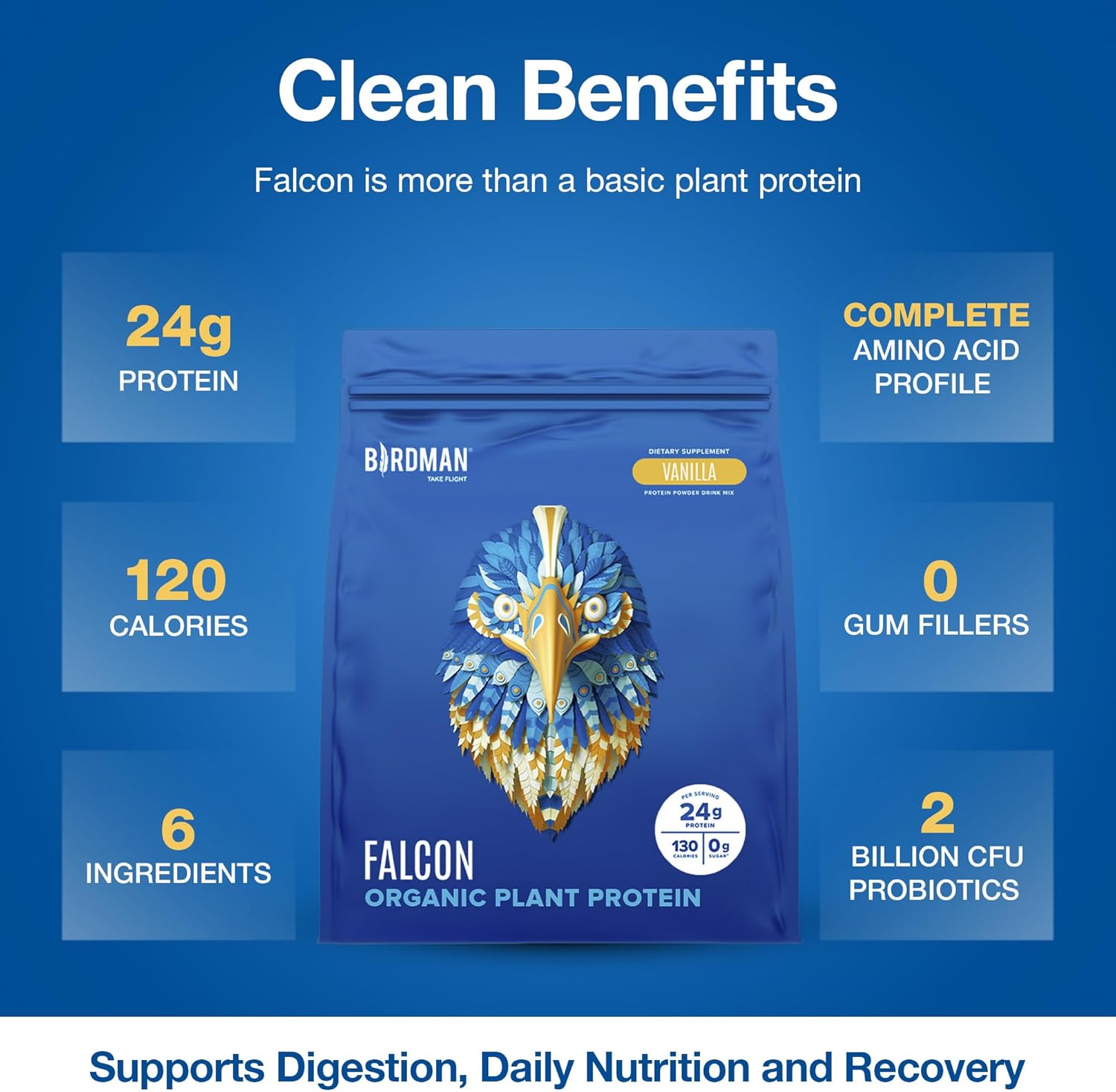 BIRDMAN Falcon Vegan Protein Powder Organic, Stevia & Sugar Free, Plant Based Protein, Low Carb, Dairy Free, Keto, Non Whey Protein, Probiotic, Pea Protein | Vanilla Flavor - 60 Servings - 3.9 lb - Image 3