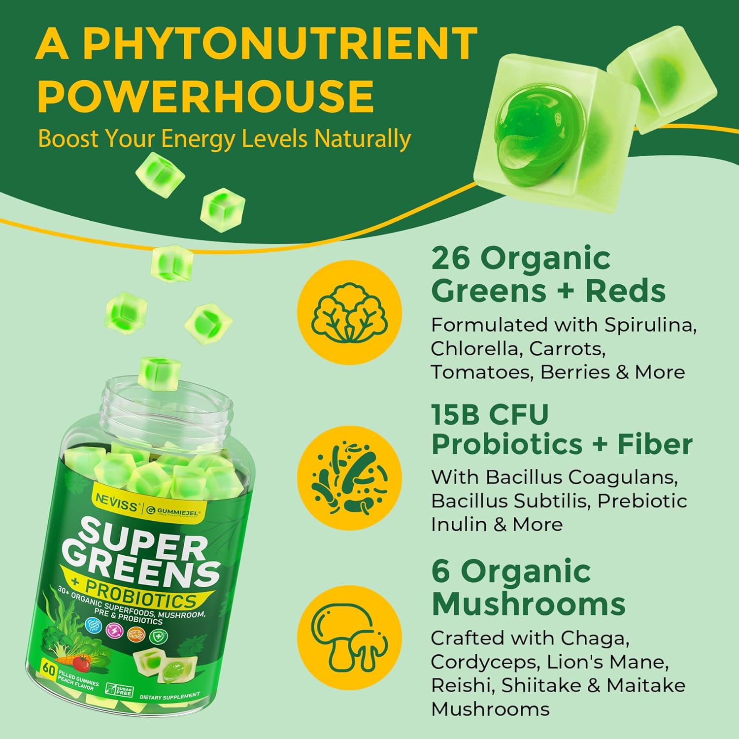 Organic Super Greens Daily Gummies + Probiotics, Spirulina, Chlorella, Spinach, Broccoli, Fiber, Fruits Veggies, Mushroom - Greens Powder Superfood Alternative, Natural Energy, Sugar Free Vegan, 60Cts - Image 8