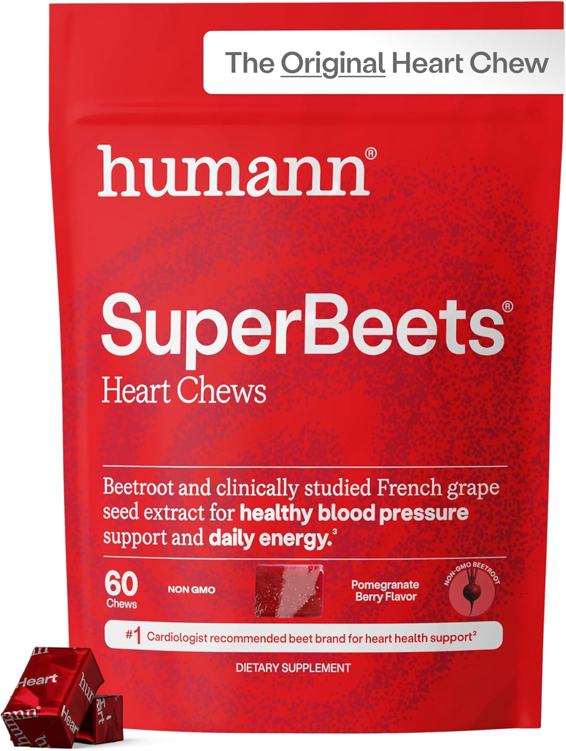 Humann SuperBeets Heart Chews, Nitric Oxide and Blood Pressure Support, Grape Seed Extract & Non-GMO Beet Root Powder Energy Supplement, Pomegranate Berry Flavor, 60 Count