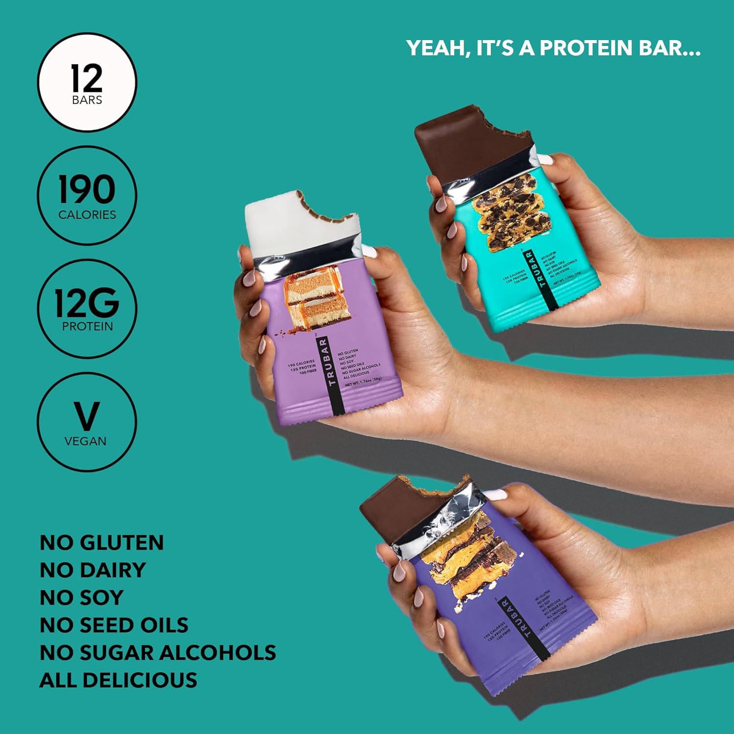 TRUBAR Vegan Protein Bar Variety Pack, Assorted Flavors, Peanut Butter, Macchiato, Cookie Dough, Gluten Free, Vegan Protein Snacks, 12G Plant-Based Protein, High Fiber, Healthy Protein Bars, 12 CT - Image 3