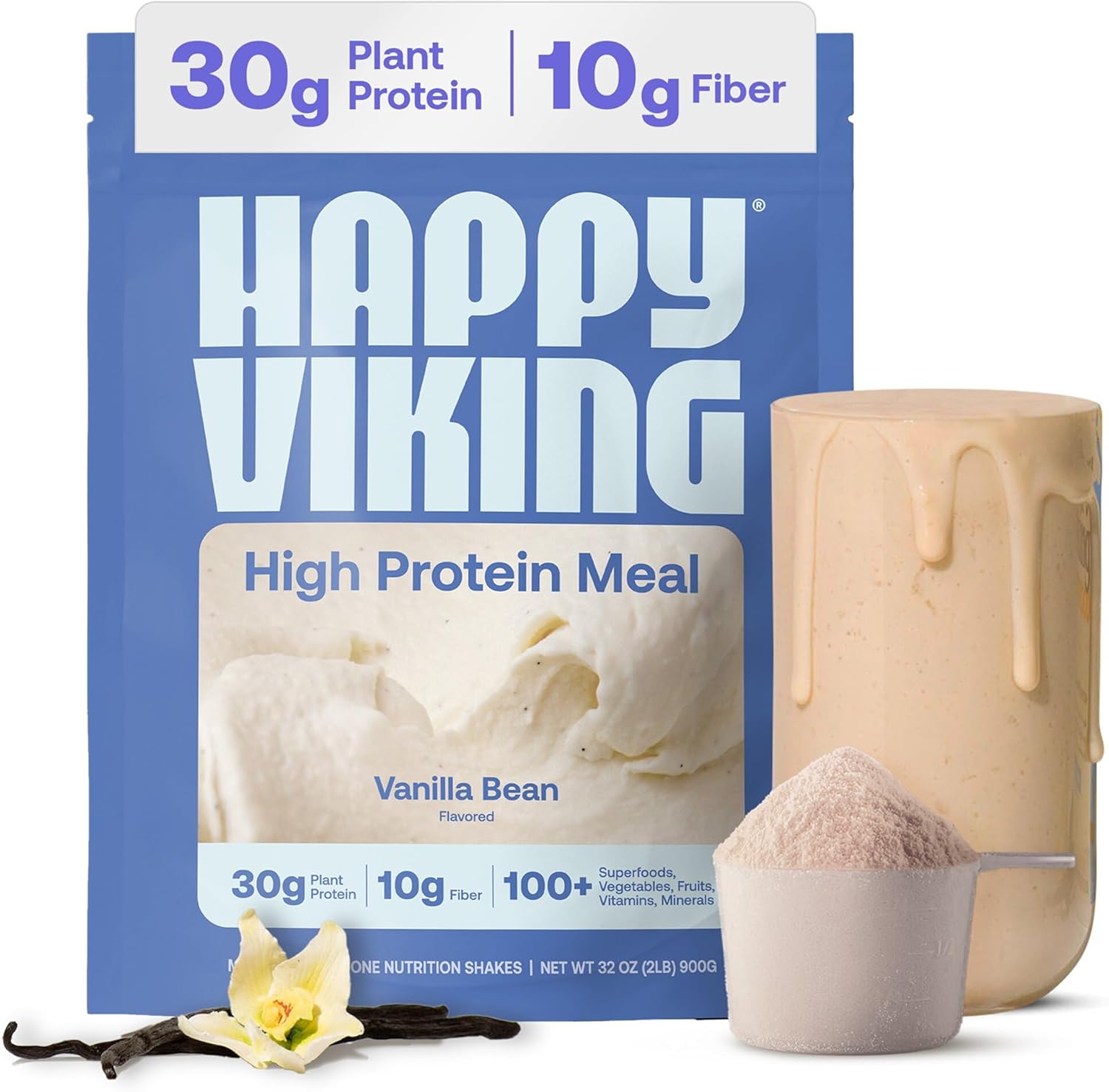 Happy Viking Plant-Based Protein Powder +100 Superfoods Vanilla Meal Replacement Shake, Created by Venus Williams, 30g Plant Protein, 10g Fiber, Vegan, Gluten-Free, Non-GMO, 15 Meals