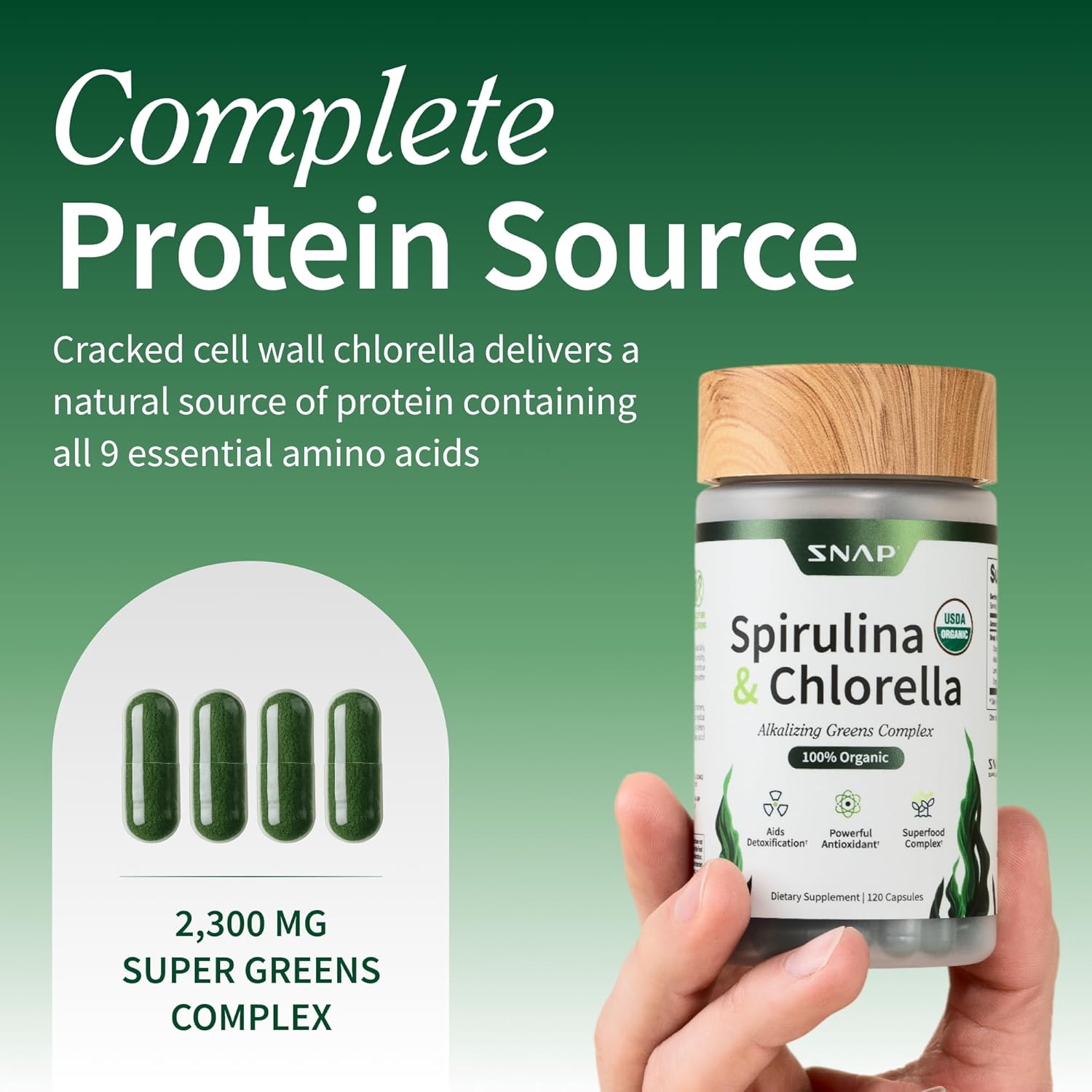 Snap Supplements Organic Spirulina and Chlorella - Protein Rich Blue Green Algae Superfood Supplement for Energy and Immune Support, 120 Vegetarian Capsules (30 Servings, 1 Month Supply) - Image 2