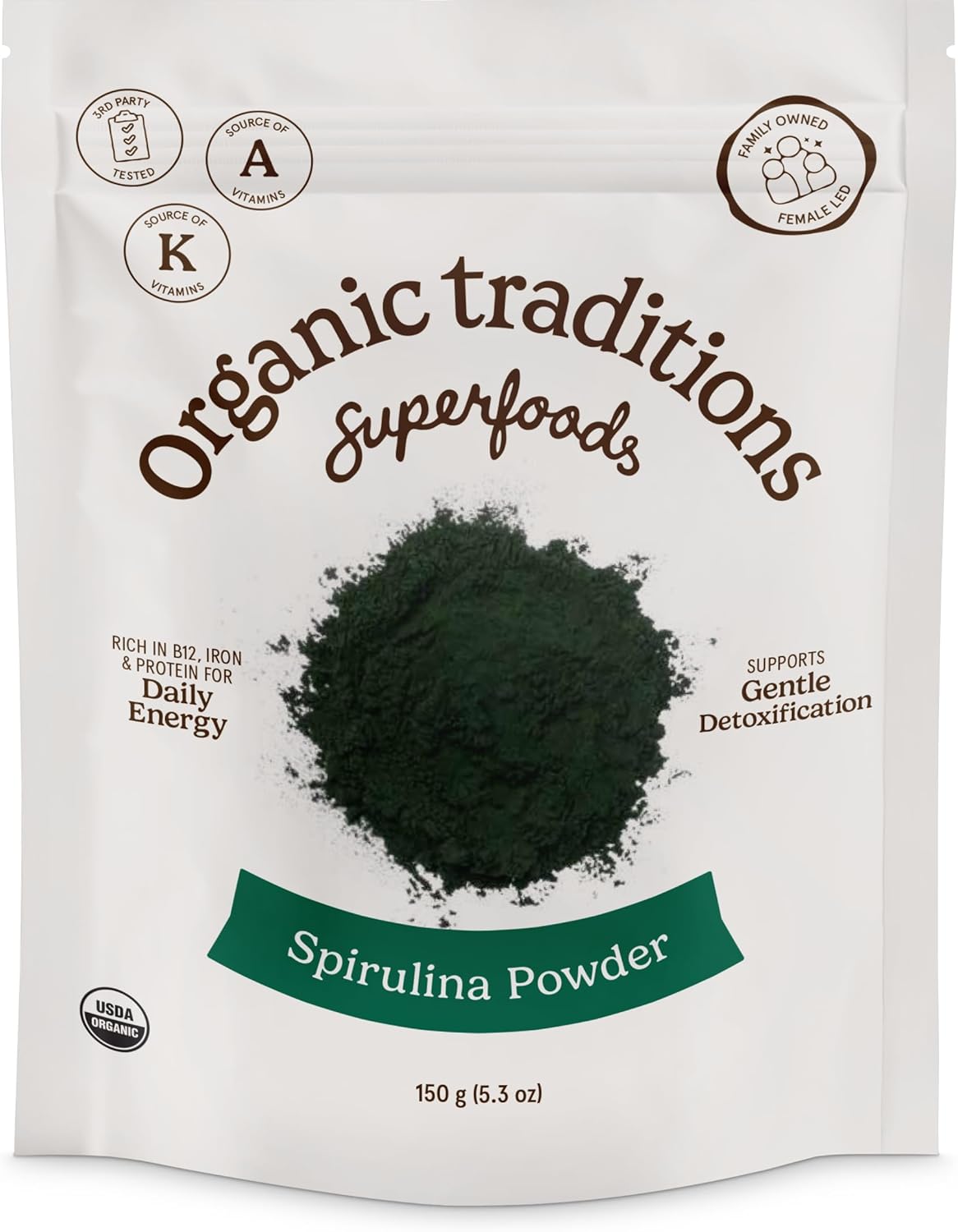 Organic Traditions Spirulina Powder Organic, Plant-Based Green Superfood for Smoothies, Rich Algae Powder for Energy Support, Easy Mixing Spirulina for Daily Wellness Routines, 150g / 5.3oz Bag