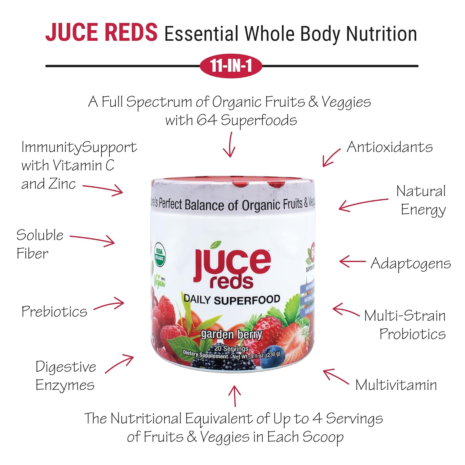 Terra Kai Organics JUCE Reds Organic Superfood Powder - Garden Berry Flavor | Fruit & Veggie Powder for Everyone w/64 Immune Boosting Superfood Plus Probiotics for Gut Health | 20 Servings (230g) - Image 6