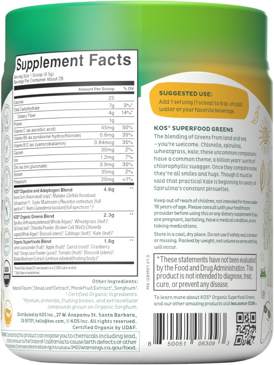 KOS Organic Superfood Greens Powder - Gut Health from Prebiotic Fiber, Supergreens and Adaptogens - USDA Certified Organic, Made in a GMP Certified Facility - 28 Servings Mango - Image 7