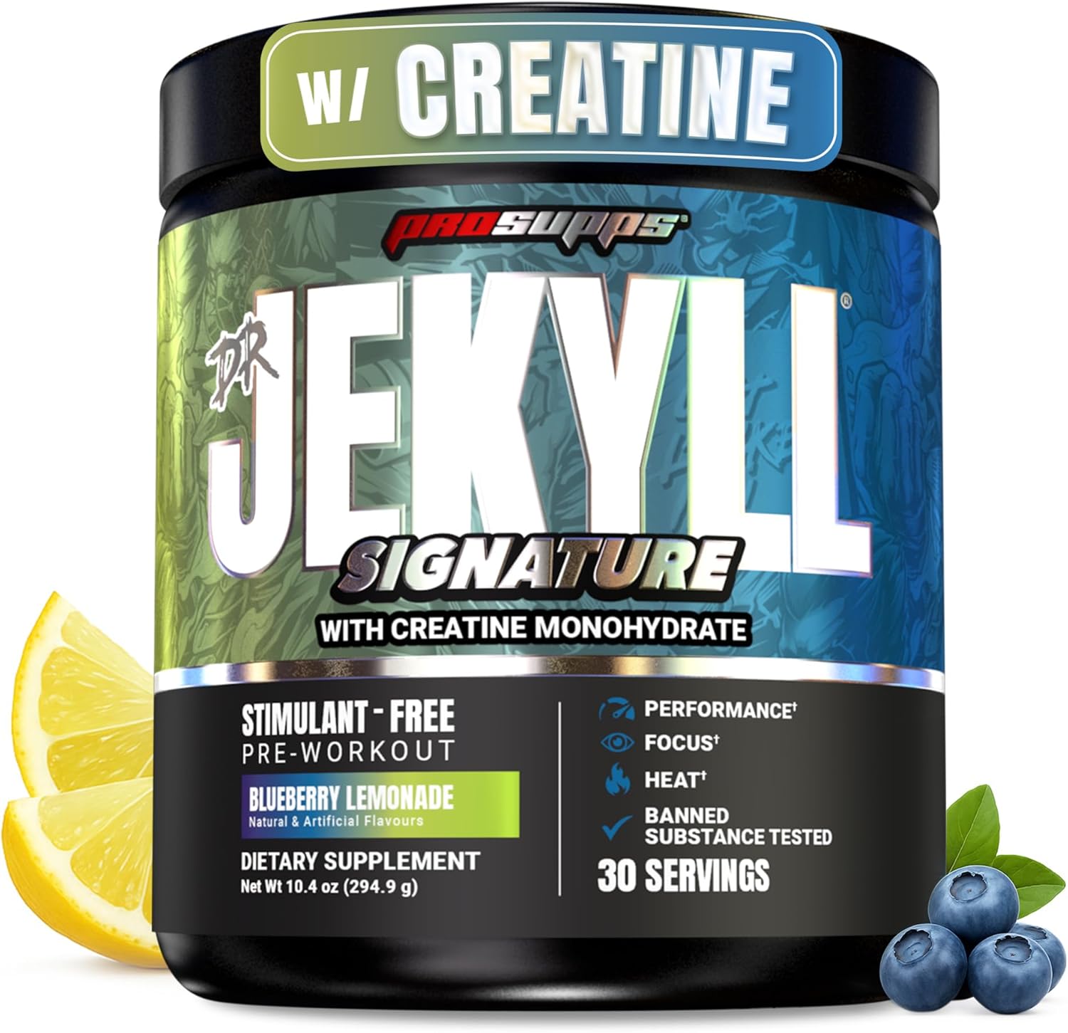 PROSUPPS Dr. Jekyll Signature V2 Pre Workout Powder with Creatine - Stim-Free Preworkout Supports Focus & Endurance - Caffeine-Free Gym & Fitness Supplements (Blueberry Lemonade, 30 Servings)