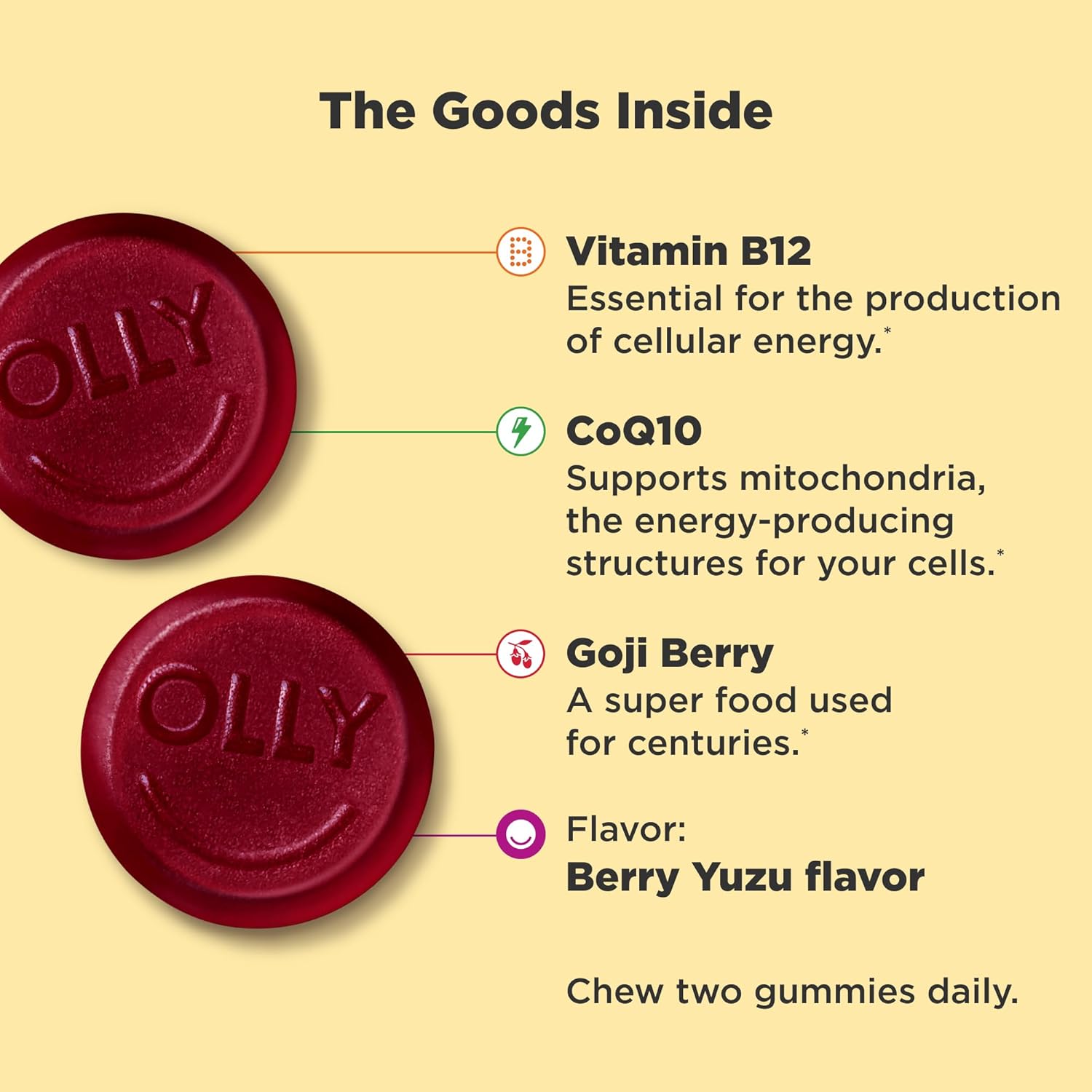 OLLY Extra Strength Daily Energy Gummy, Caffeine Free, 1000mcg Vitamin B12, CoQ10, Goji Berry, Adult Chewable Supplement, Berry Yuzu Flavor - 60 Count - Image 2