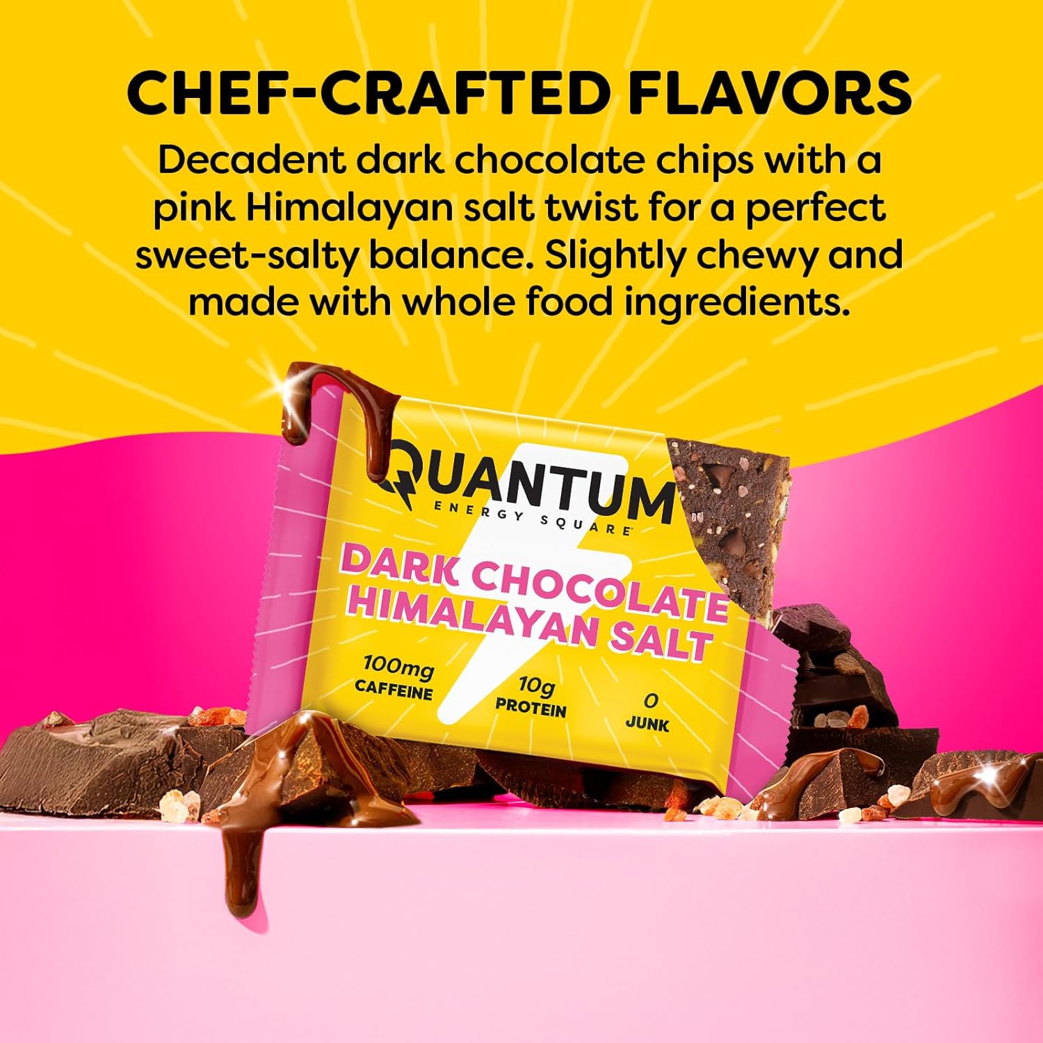 Quantum Energy Square: Energy Bar with Caffeine & 10g Protein. Delicious Healthy Snack On The Go. (Vegan, Gluten-free, Soy-free, Dairy-free) (Dark Chocolate Pink Himalayan Salt) - Image 5