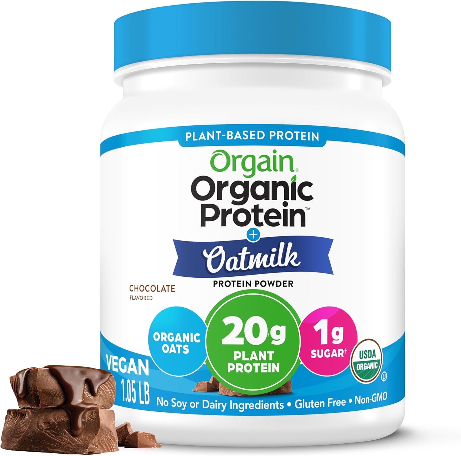 Orgain Organic Vegan Protein Powder + Oat Milk, Chocolate - 20g Plant Based Protein, Gluten Free, No Dairy, Soy or Lactose Ingredients, Low Sugar, Non-GMO, Kosher, For Shakes & Smoothies - 1.05lb