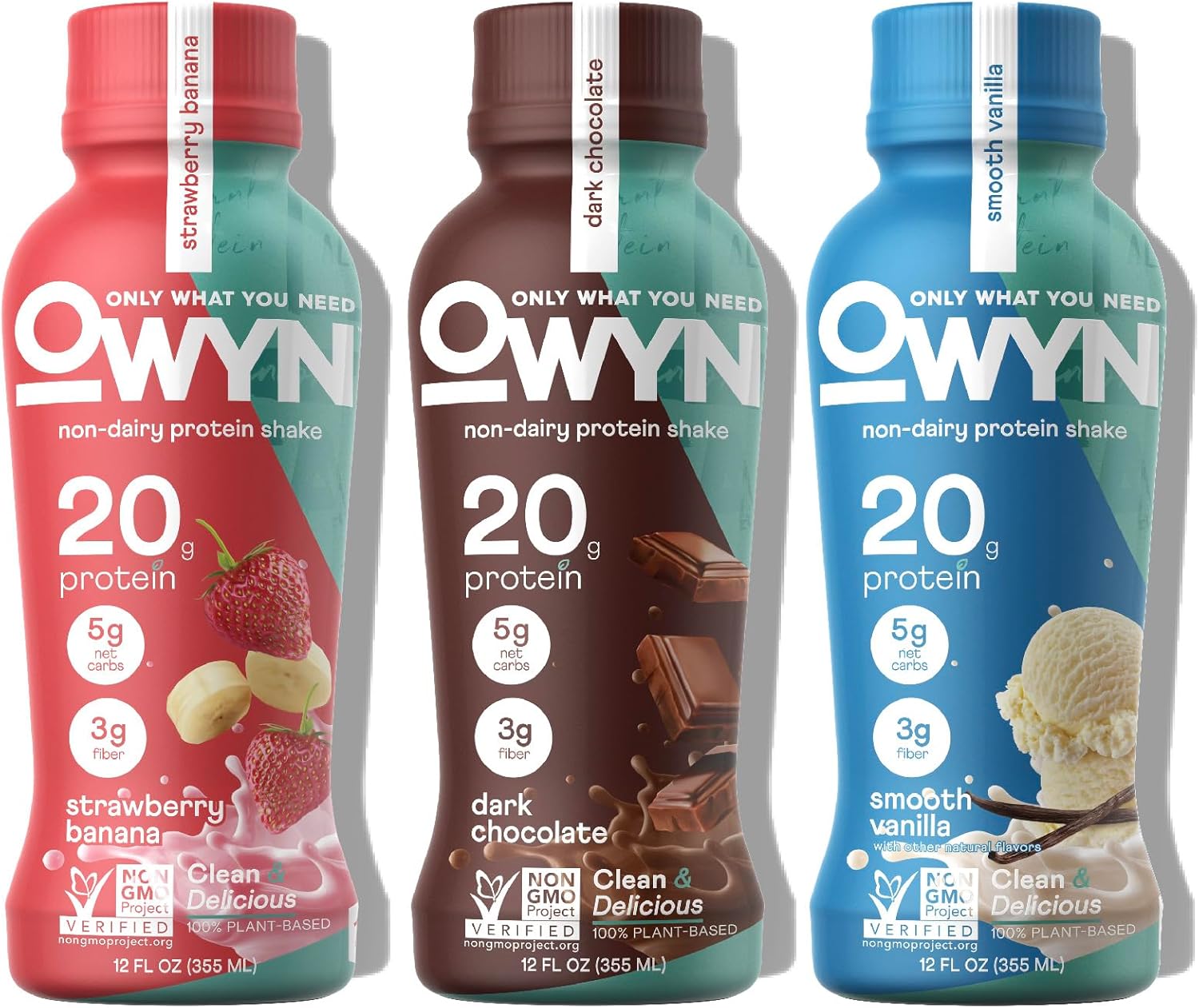 OWYN Only What You Need Protein Shake Variety Pack, Strawberry Banana, Dark Chocolate, Smooth Vanilla Flavored Protein Shakes, 20g Protein, 4g Sugar, 3g Fiber, Dairy Free, Plant Based Protein, 12 CT