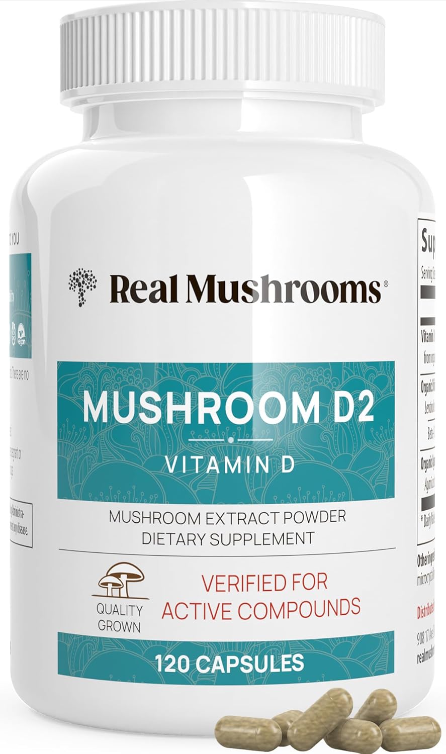Real Mushrooms Vitamin D2 from Shiitake & Agaricus – Vegan Mushroom-Based D Supplement – Vitamins for Overall Wellness Support– Organic, Non-GMO, 1000 IU – 120 Count Functional Mushroom