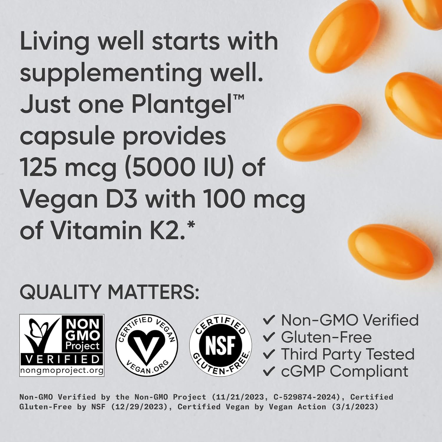 Sports Research Vitamin D3 with K2 Softgels - Plant Based K2 & Vegan D3 5000iu with Coconut MCT Oil - Vegan Certified, Soy & Gluten Free - 120 Count - Image 4