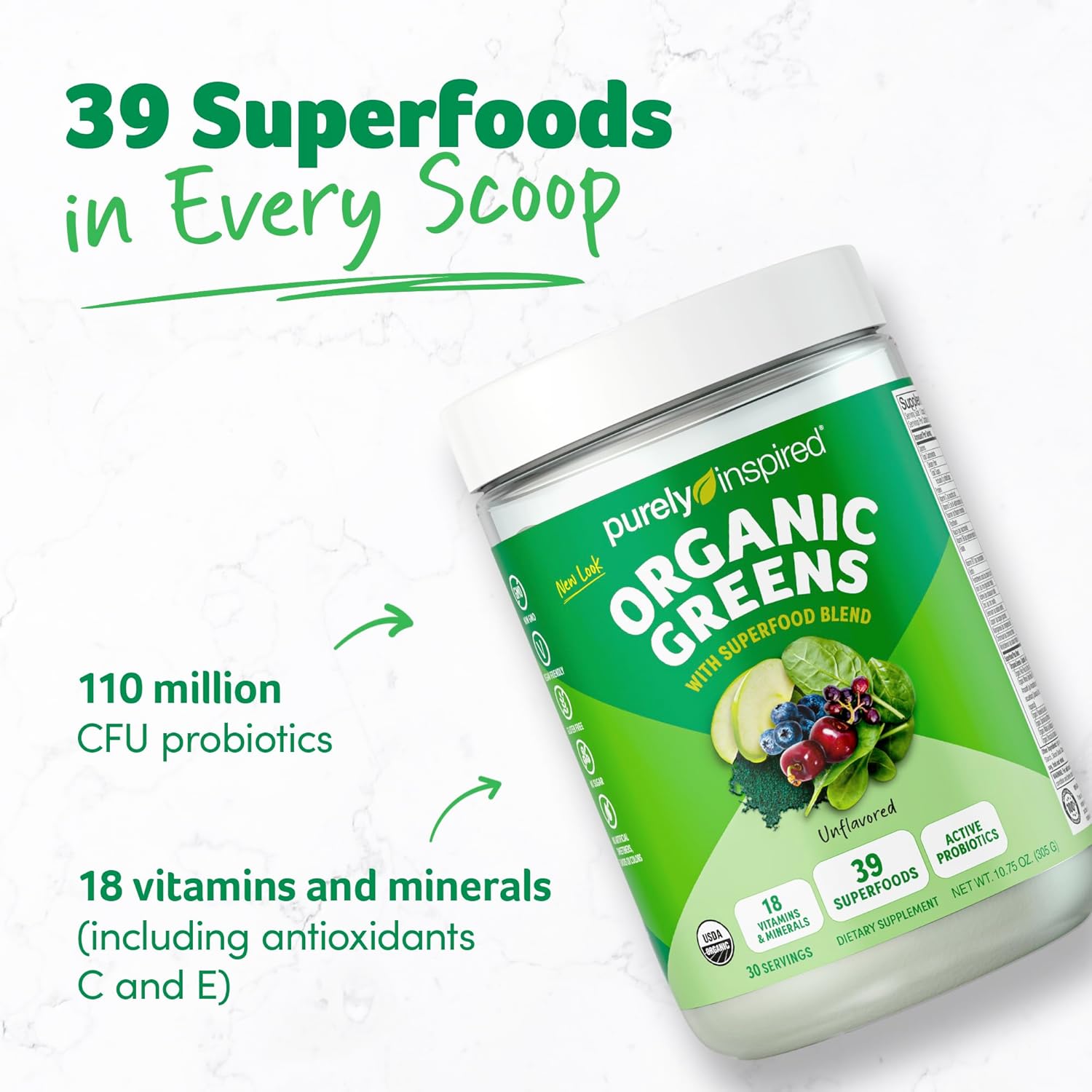 Purely Inspired Organic Greens Powder Superfood Smoothie Mix, Unflavored (30 Servings) - Super Greens with Probiotics, Spirulina & Chlorella for Gut & Digestive Health - Vegan - Image 2