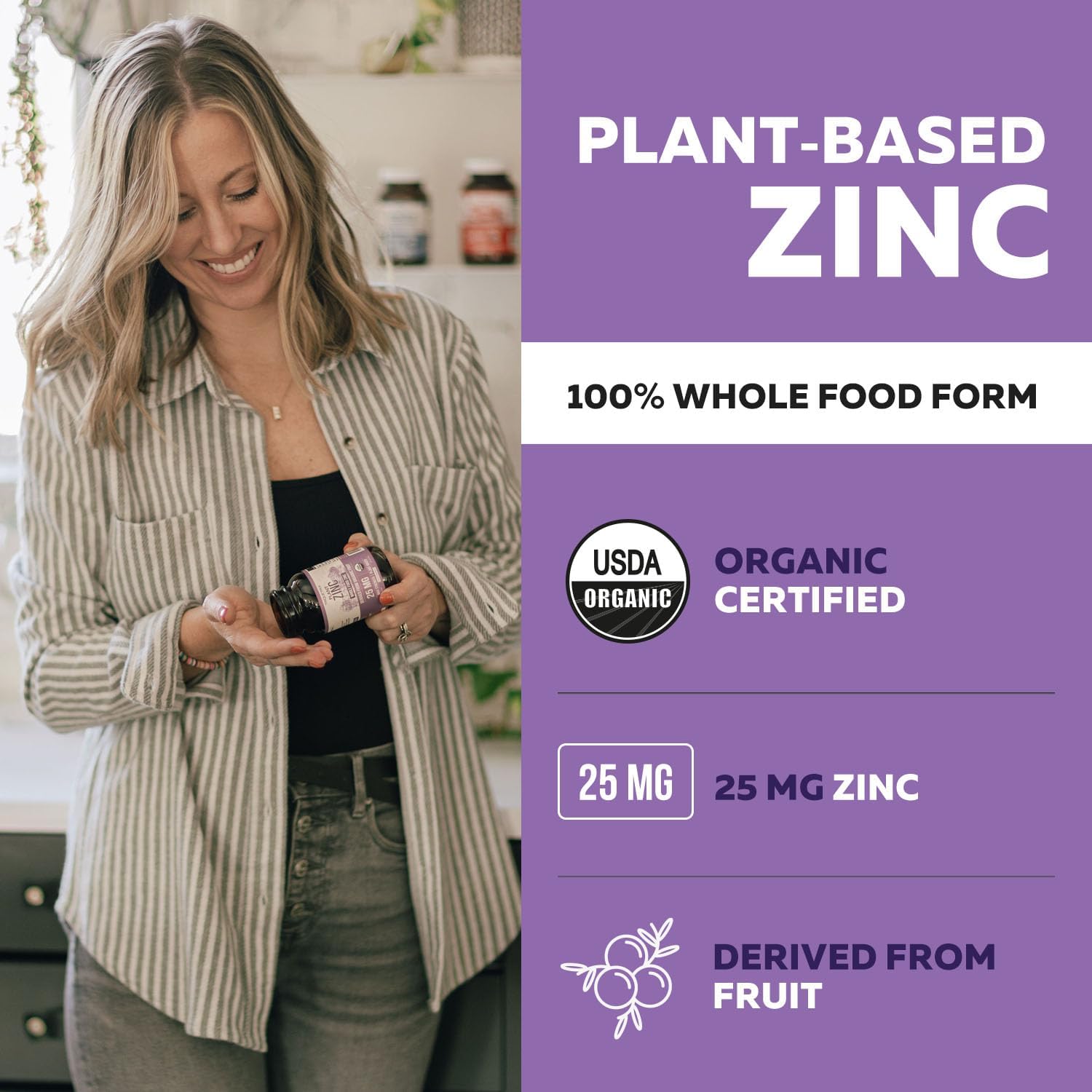 Organic Zinc 25 mg | Whole Food zinc Supplements | Derived from Organic Fruit, Elemental Zinc - Water Extracted, Vegan, GMO-Free - Essential Mineral, Antioxidant, Immune Support, Skin - 60 Servings - Image 2