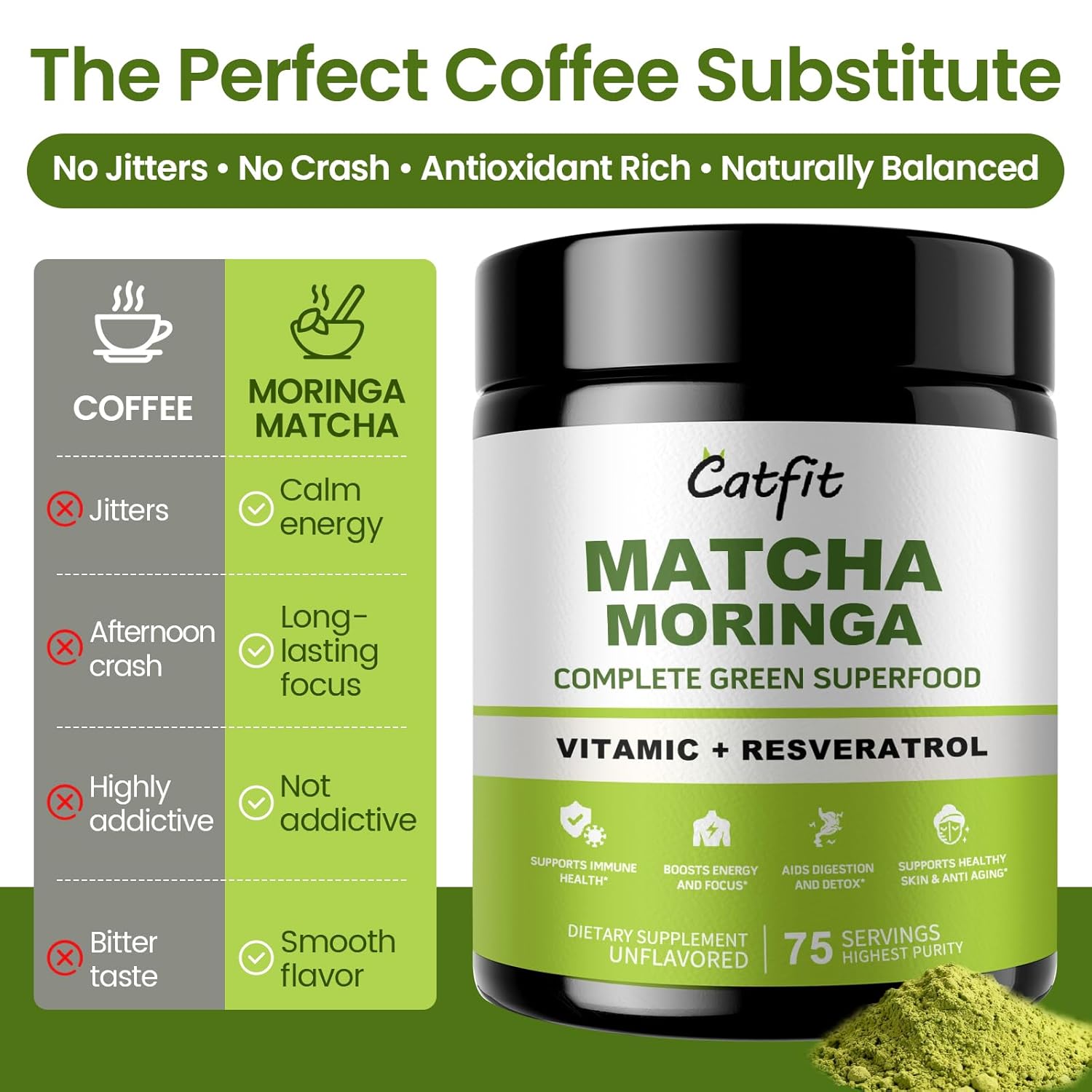 Matcha Powder – Superfood Blend with Moringa & Green Tea & Resveratrol, Energy & Focus Support, Immune & Antioxidant Defense, Vegan, Gluten-Free, 8oz - Image 6