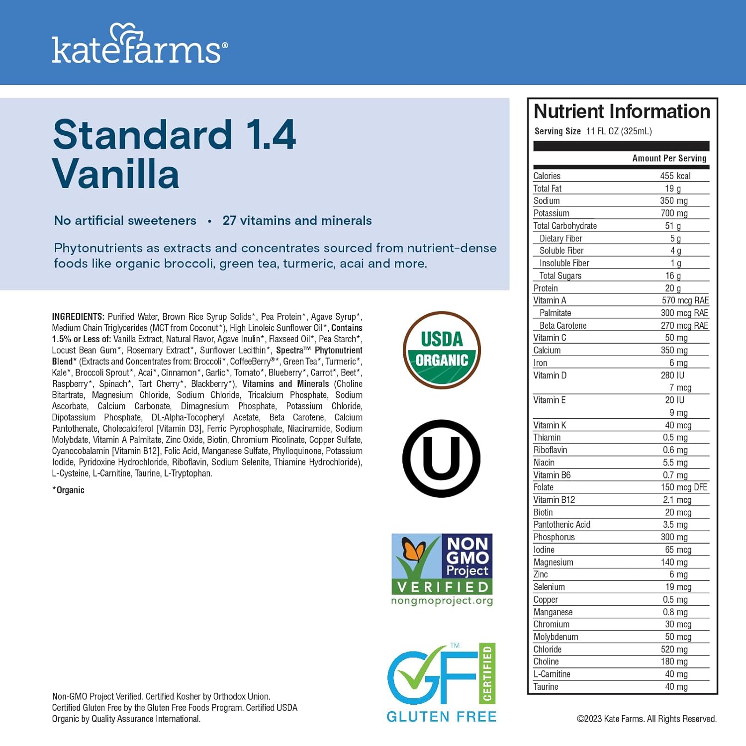 KATE FARMS Organic 1.4 High Calorie Nutrition Shake, Vanilla, 20g Protein, 27 Vitamins and Minerals, Meal Replacement, 11 oz (6 Pack) - Image 6